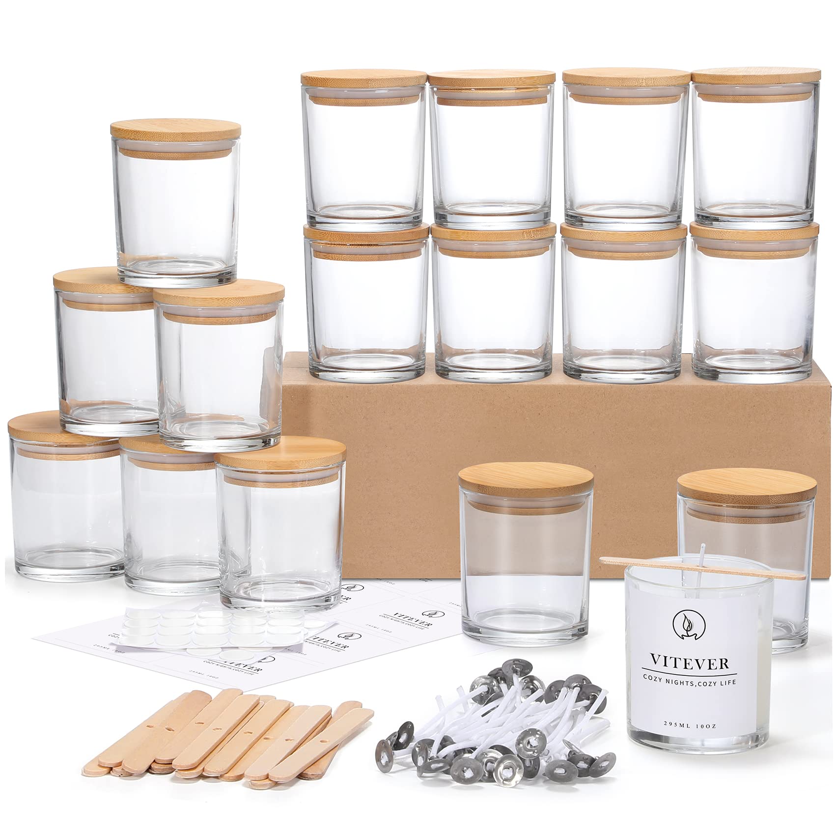 VITEVER 16 Pack 10oz Thick Glass Candle Jars with Bamboo Lids & Wick Kit - Bulk Empty Clear Containers for DIY Candle Making, Spices, Bath Salts - Perfect for Home Decor, Wedding Favors, Gifts & Aromatherapy
