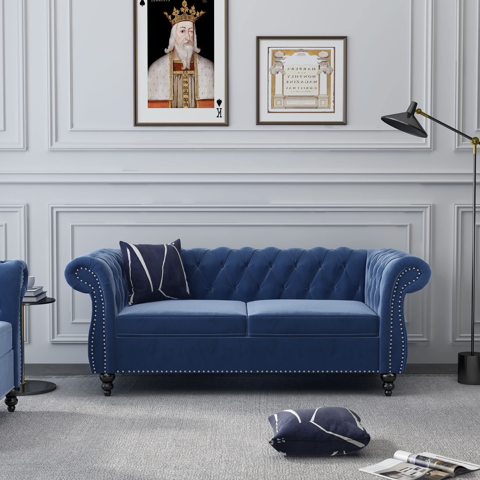 Modern Velvet Chesterfield Loveseat - Tufted 2-Seater Sofa with Scroll Arms & Nailhead Trim - Blue Velvet Couch for Living Room, Bedroom, Office & Apartment | Perfect for Small Spaces, Reading Nooks & Cozy Conversations