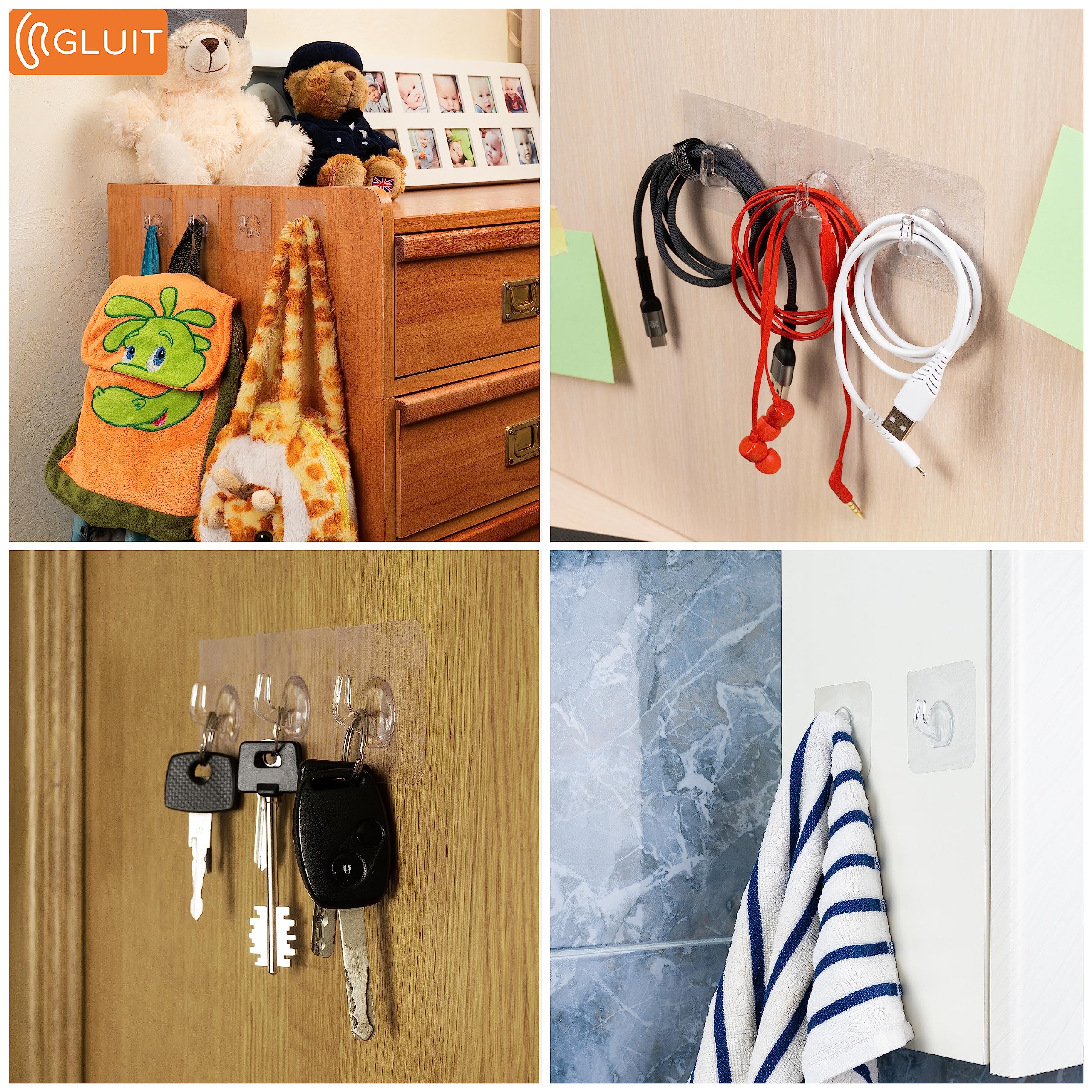 GLUIT Adhesive Plastic Clear Hooks - 12 Pack Transparent No Drill Wall Hooks for Home, Office & Bathroom Organization