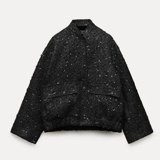 Elegant Gold Sequin Women's Short Jacket with Covered Buttons - Long Sleeve Loose Fit Coat for Autumn | Casual Streetwear for Ladies | Perfect for Parties, Date Nights & Evening Outings