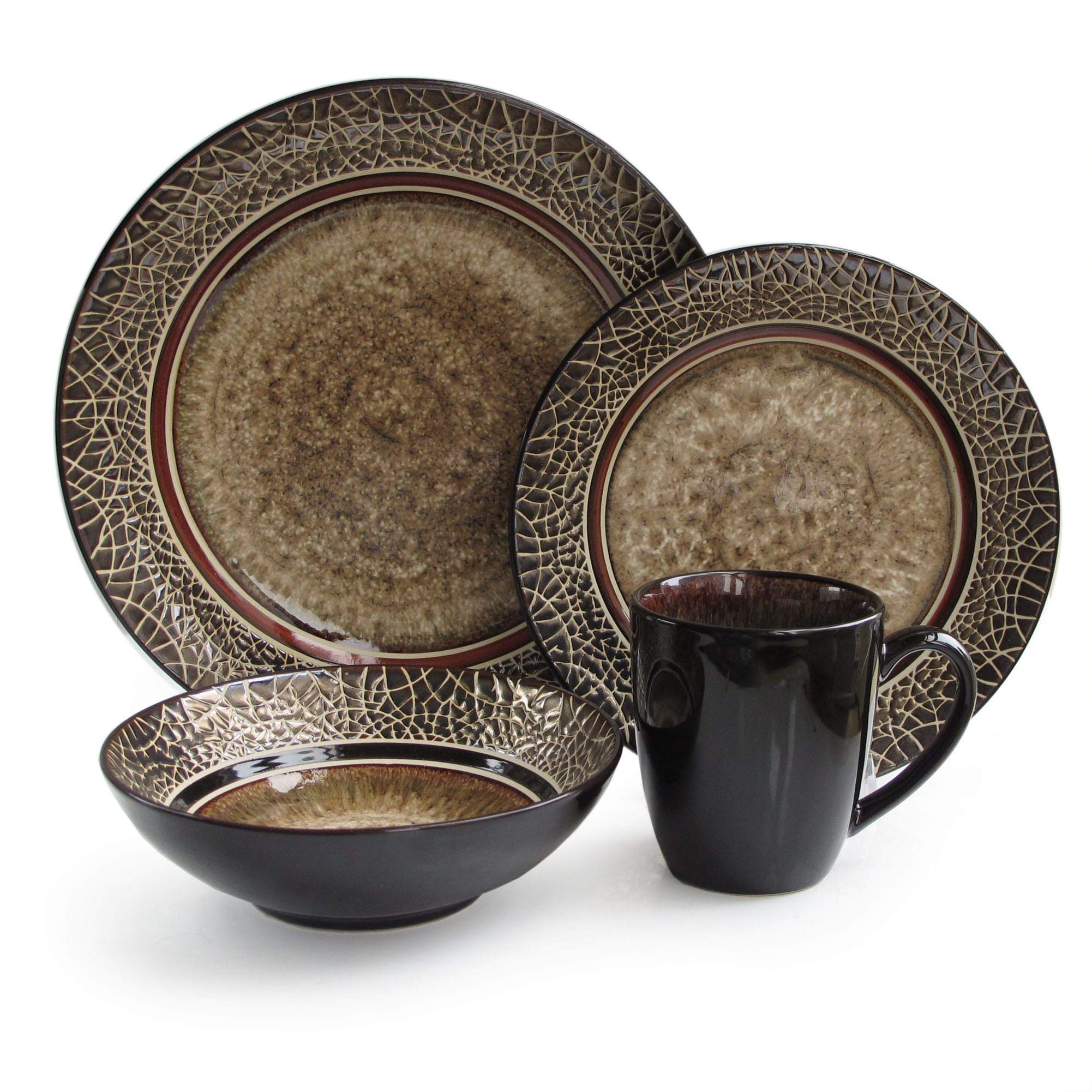 16-Piece Round Dinner Set - Beige & Brown Geometric Design, Casual Modern Country Style, Dishwasher & Microwave Safe - Perfect for Family Dinners, Entertaining Guests & Everyday Use