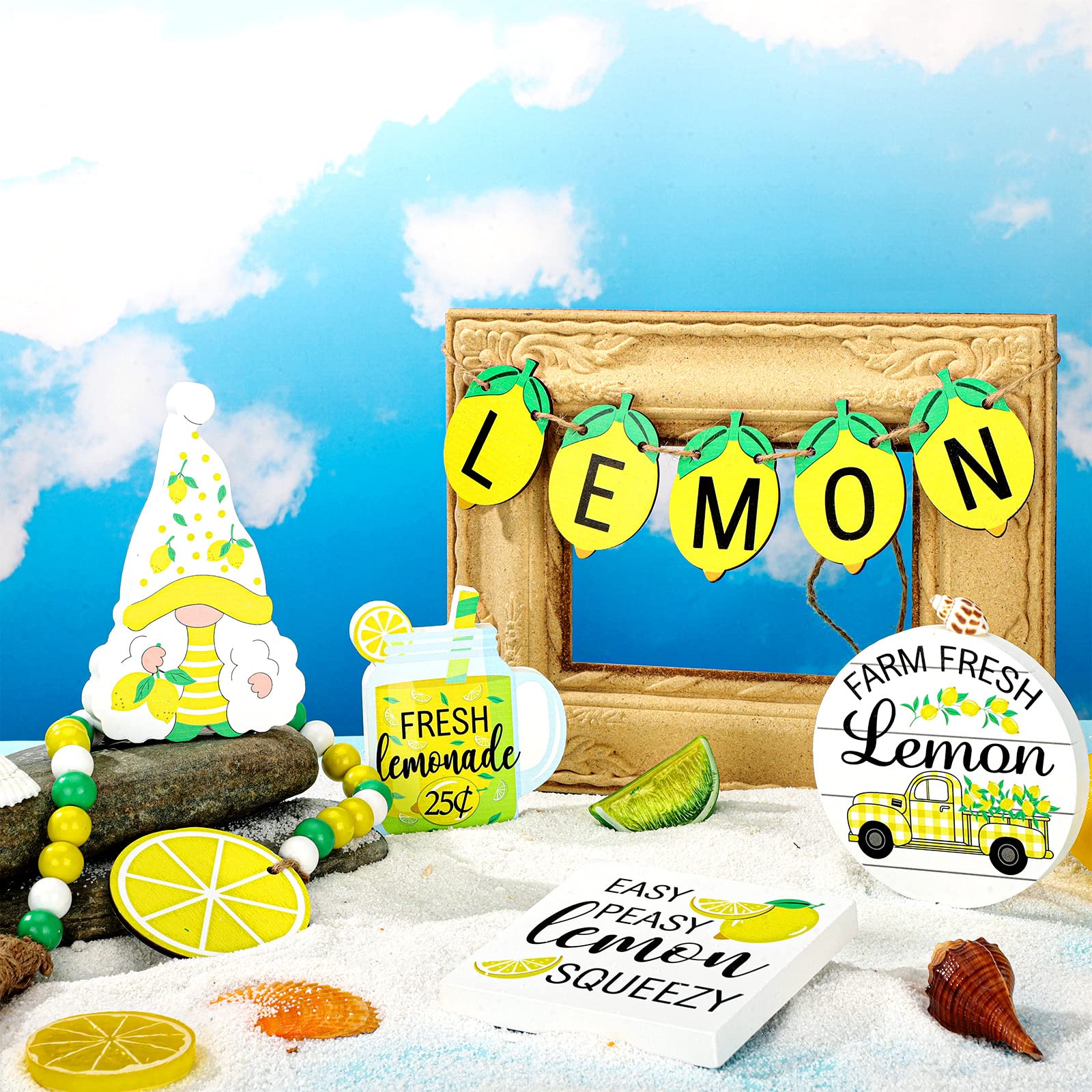 10 Pcs Summer Farmhouse Wood Tiered Tray Decor Set - Lemon Watermelon Strawberry Sunflower Kitchen Standing Sign with Bead Garland Banner for Home, Party, Wedding & Seasonal Decor (Lemon Theme) - Perfect for Kitchen Counter, Dining Table, Mantel & Entryway Display