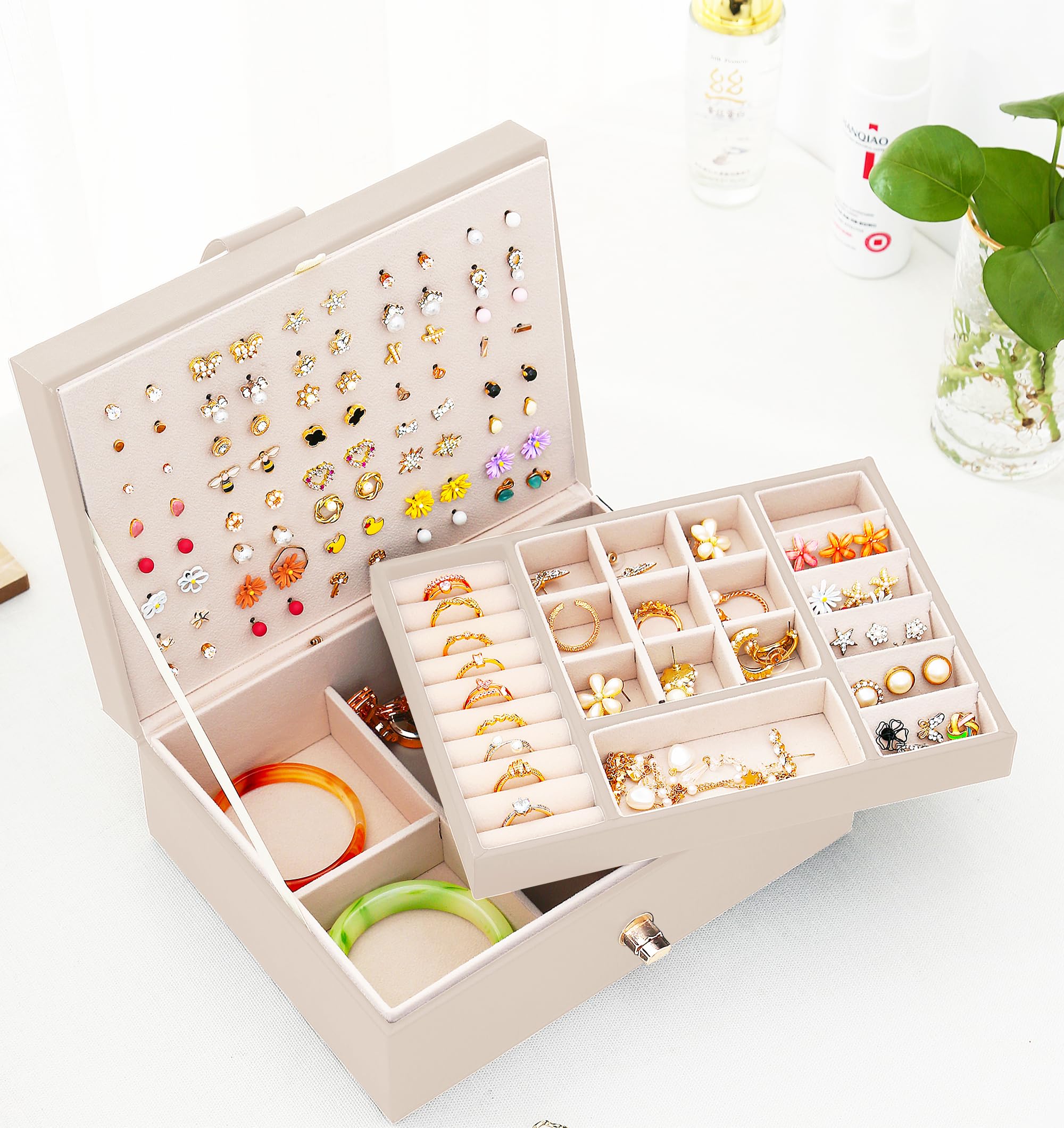 **Beige Jewelry Box Organizer for Girls - Earring Holder, Necklace & Ring Storage - Perfect for Teen Bedroom, Birthday Gifts & Travel Jewelry Case**
