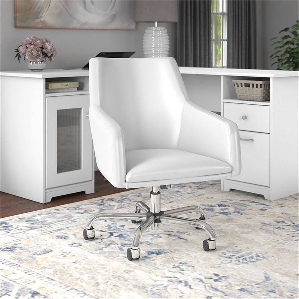 Bush Furniture Cabot Mid Back Leather Box Chair - White Office Chair for Home & Office, Ergonomic Desk Chair with Padded Seat & Back Support for Comfortable Working