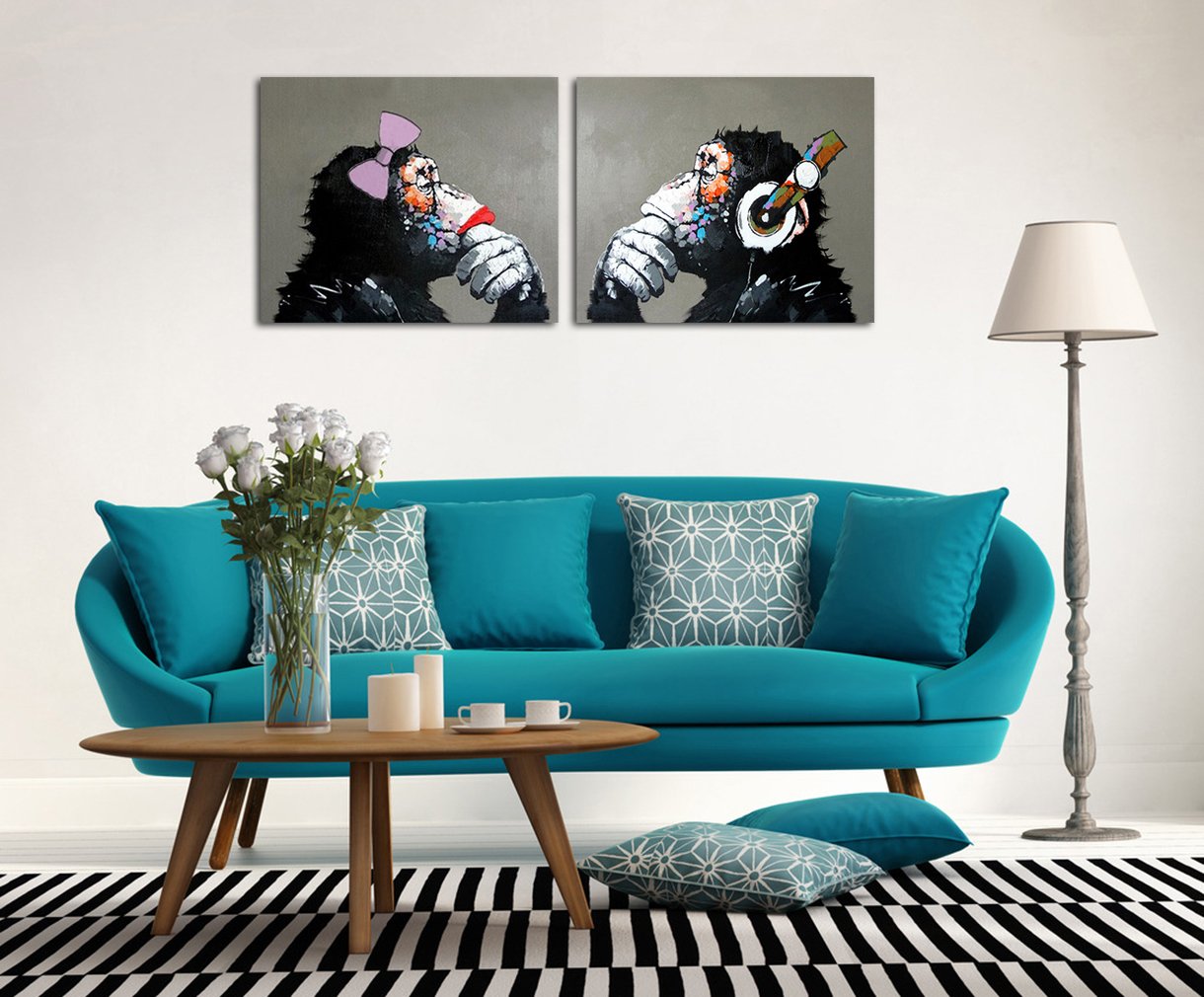 Hand-Painted Muzagroo Art Music Monkey Oil Painting on Canvas - 20x24 Inches Wall Art for Living Room, Bedroom & Office Decor - Ready to Hang (Set of 2)