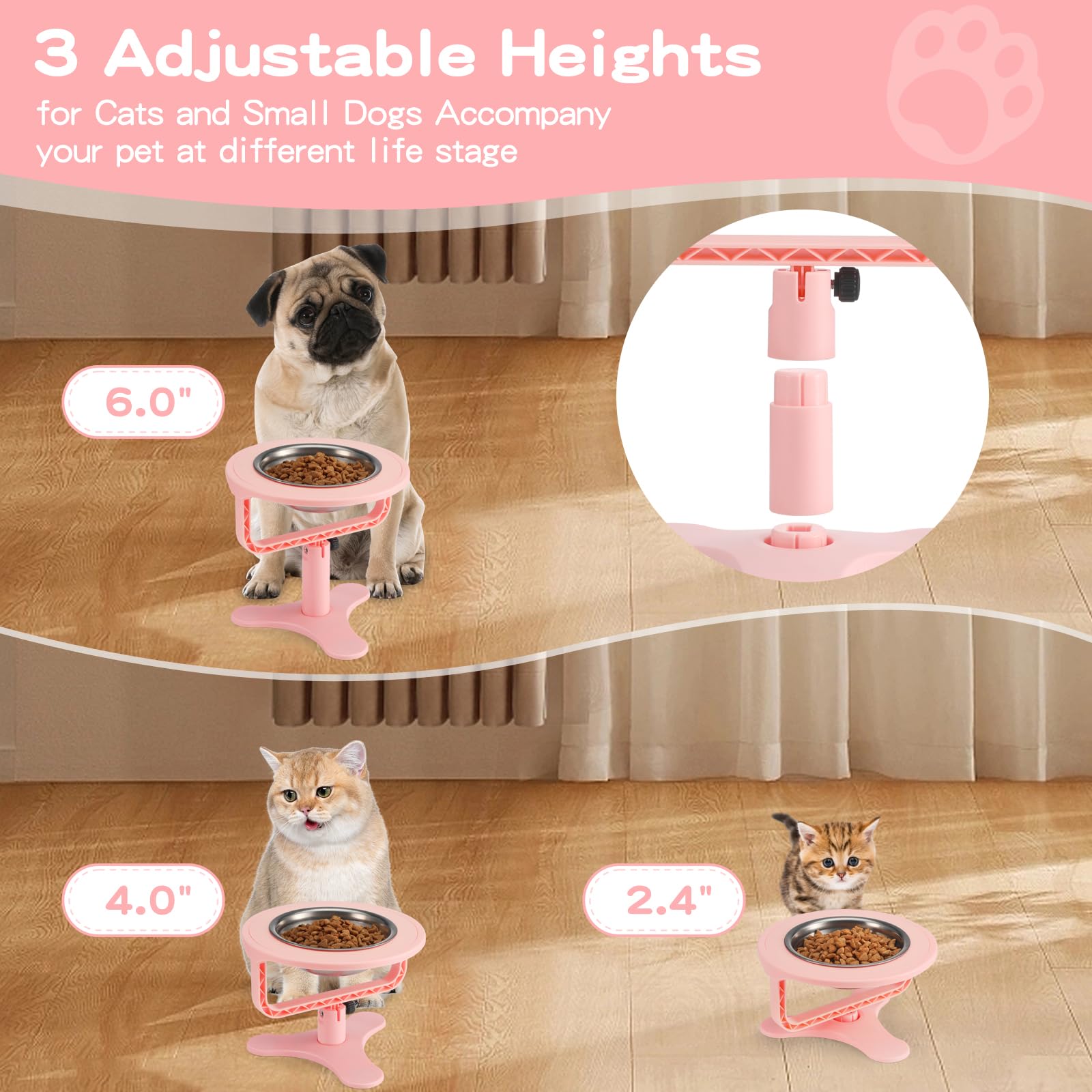 Adjustable Elevated Cat Bowls with Non-Slip Stand - 15° Tilted Stainless Steel Raised Pet Food & Water Dishes for Cats & Small Dogs (Pink, 1-Pack) - Perfect for Senior Pets, Arthritis Relief & Mess-Free Feeding