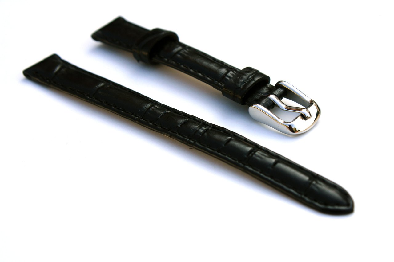 Genuine Black Leather Crocodile Pattern Watch Band - 12mm Long Cut with Stainless Steel Clasp - Perfect for Dress Watches, Business & Formal Occasions