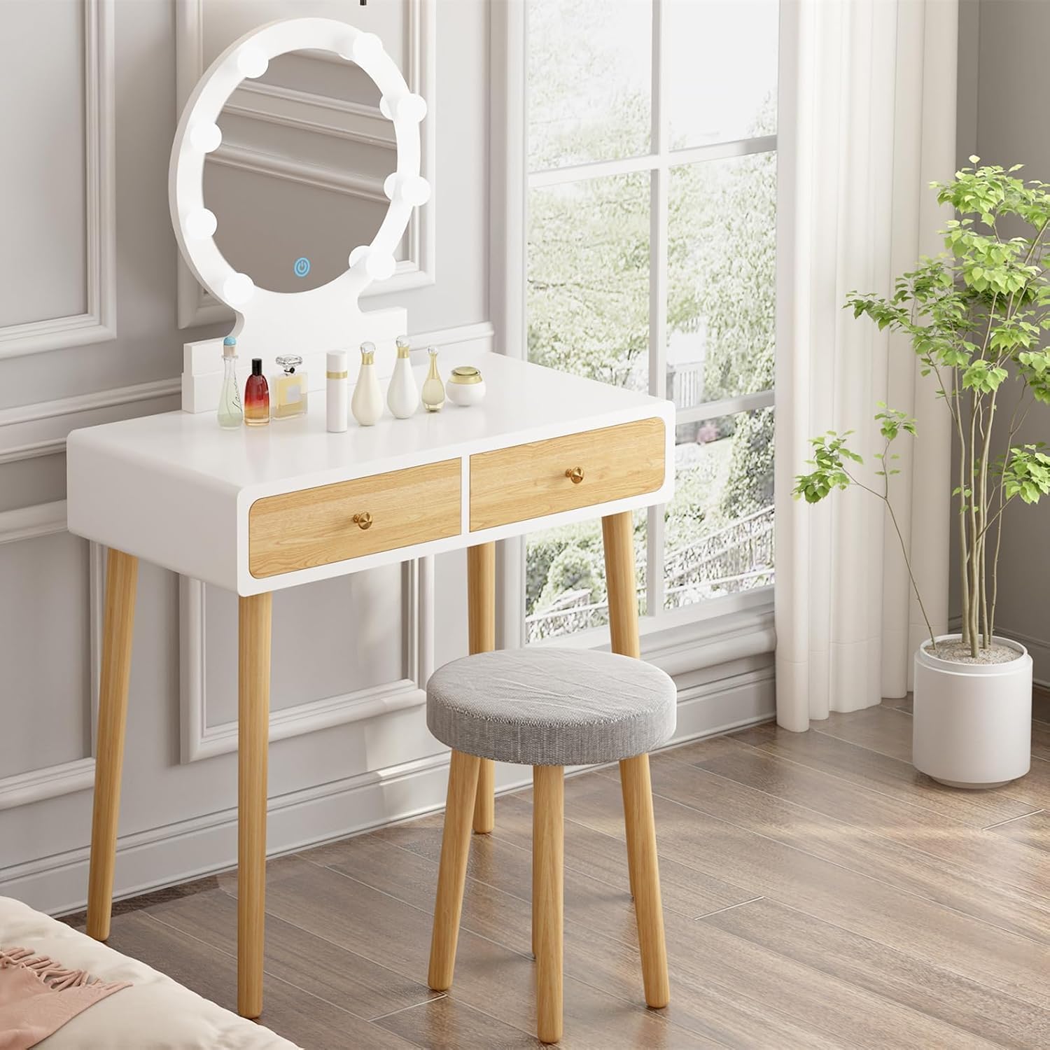 GARVEE 31.5 Inch White Vanity Desk with Stool & Touch Light Mirror - Makeup Table with 2 Drawers for Bedroom, Dressing Room & Beauty Salon | Modern Dressing Table for Women & Girls