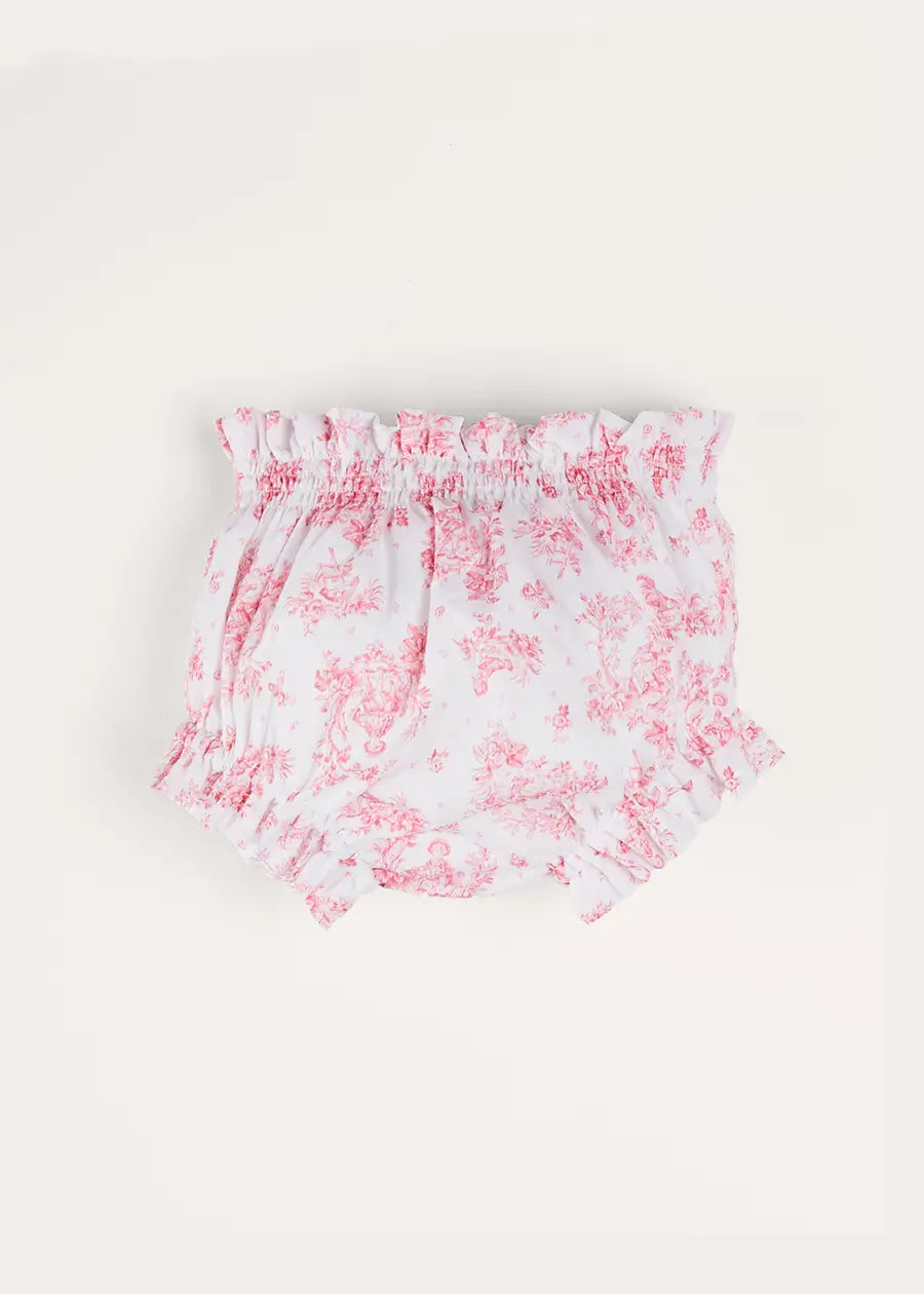 Audrey Toile Bow Detail Bloomers for Baby Girls 1-24 Months - Soft Pink Cotton Bloomers for Nursery, Photoshoots & Special Occasions
