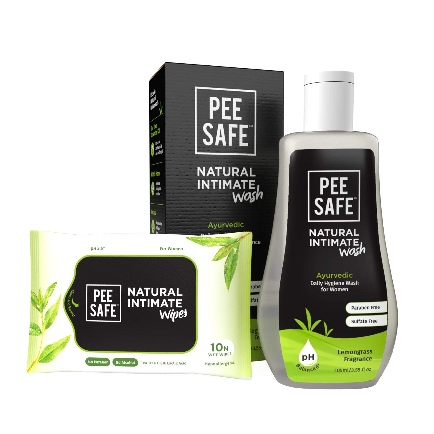 Pee Safe Natural Ayurvedic Intimate Wash for Women with Lemongrass Fragrance - 100% Alcohol-Free Feminine Hygiene (105ml) & pH-Balanced Intimate Wipes (10-Pack) | Gentle Cleansing for Daily Use, Travel & Post-Workout Care