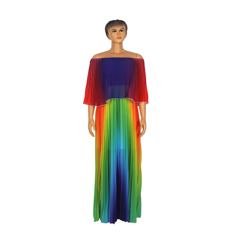 African Print Maxi Dress for Women - Off Shoulder Loose Fit Plus Size Rainbow Pleated Long Dress - Perfect for Beach, Vacation, and Summer Parties