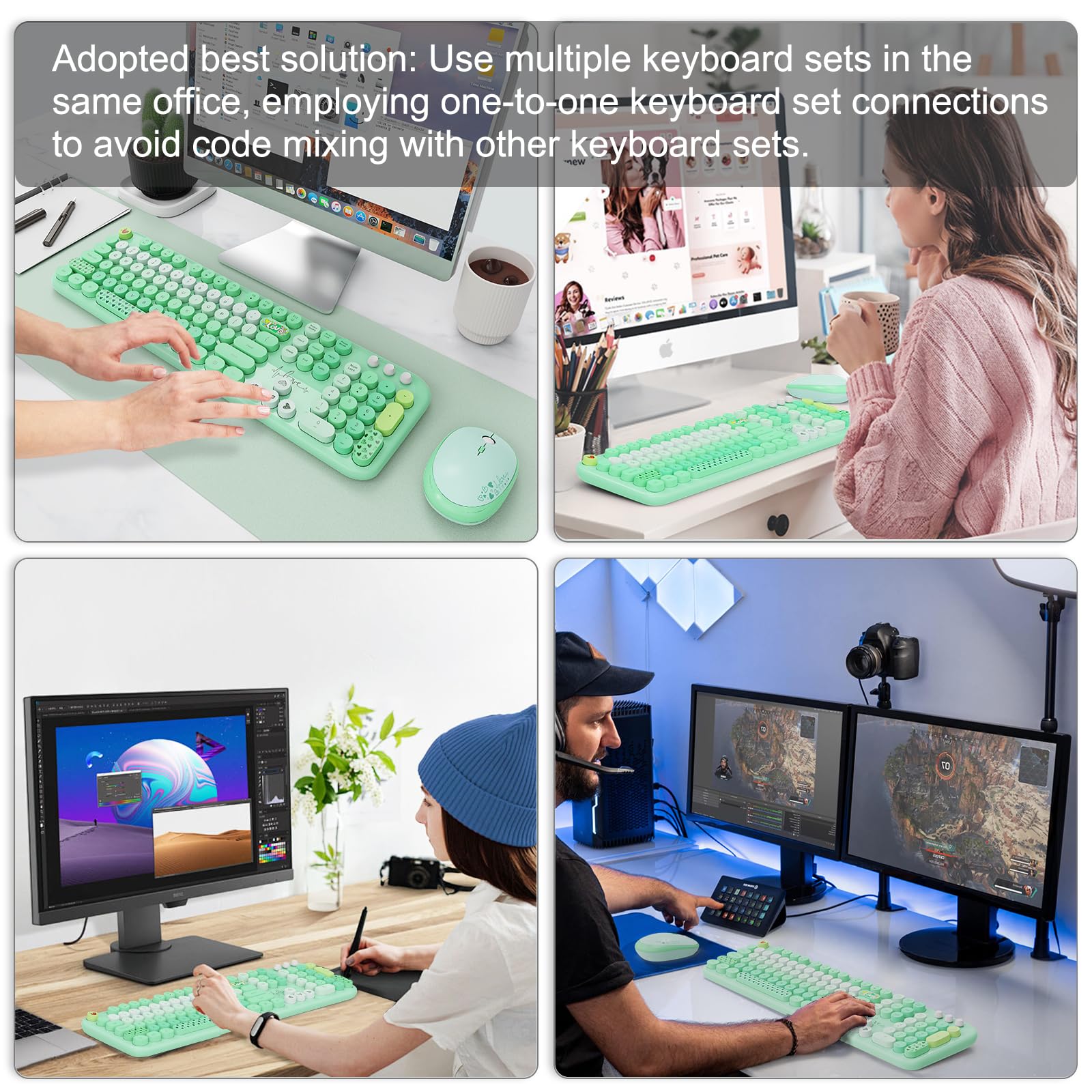 FOPETT Wireless Keyboard Mouse Combo - 2.4G Retro 104-Key for PC/Laptop - Green for Home/Office Use