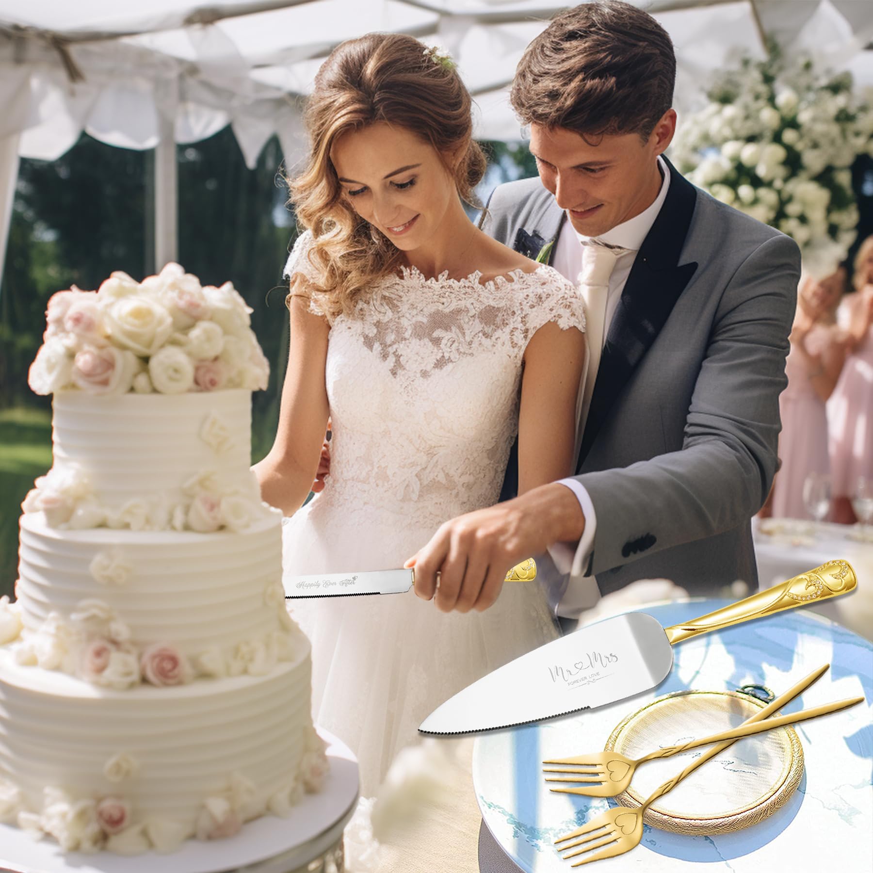 Elegant Gold Cake Cutting Set for Wedding - Cake Cutter & Pie Server with Rhinestone Decorations | Perfect Wedding Gift for Couples | Ideal for Wedding Cakes, Anniversary Celebrations & Special Events