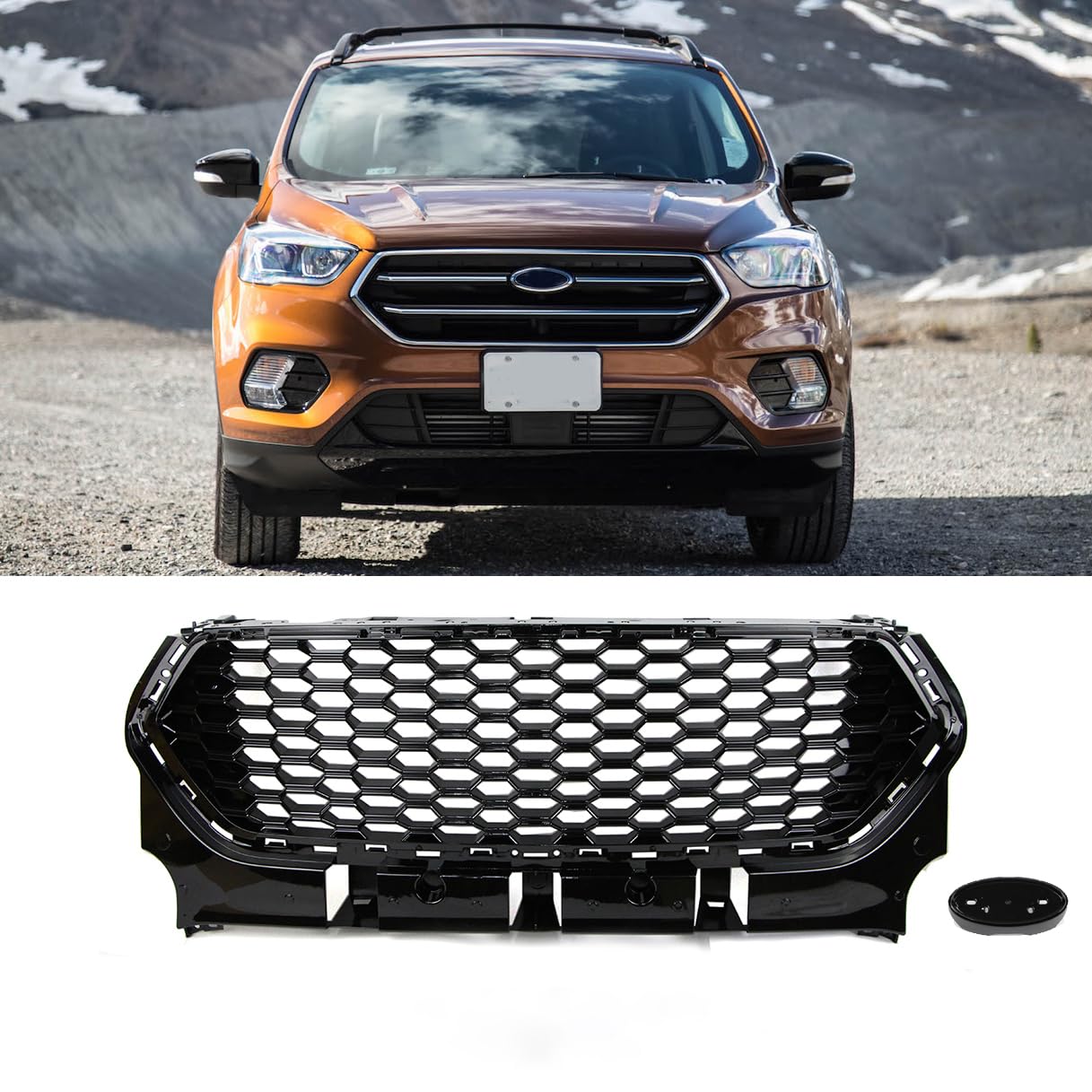 2017-2019 Ford Escape Front Bumper Grille - Honeycomb Mesh Sport Grill in Glossy Black (Fits S/SE/SEL/EcoBoost/Titanium/ST-Line Models) - Upgrade Your SUV's Style for Off-Road Adventures & Urban Driving