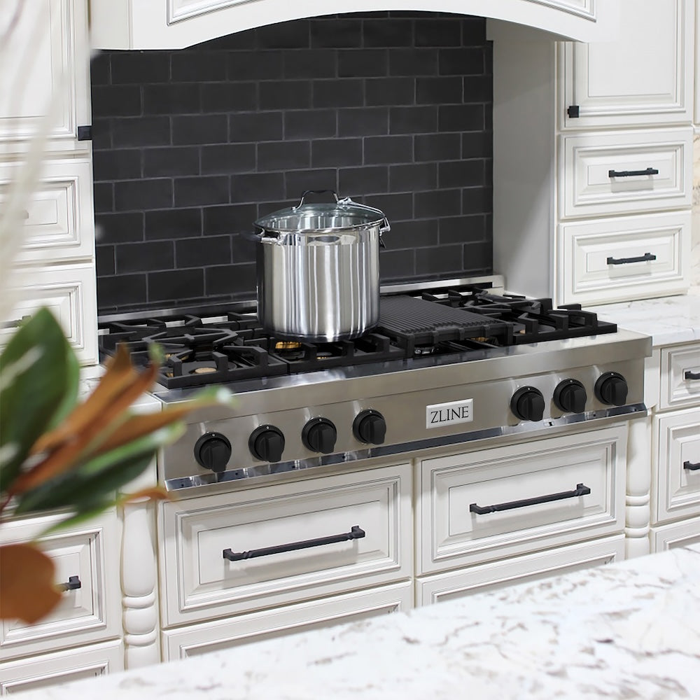 ZLINE Autograph Edition 48 Inch 7-Burner Gas Rangetop with Porcelain Cooktop - Stainless Steel Matte Black Accents (RTZ 48 MB) | Professional Kitchen Range for Home Chefs & Culinary Enthusiasts