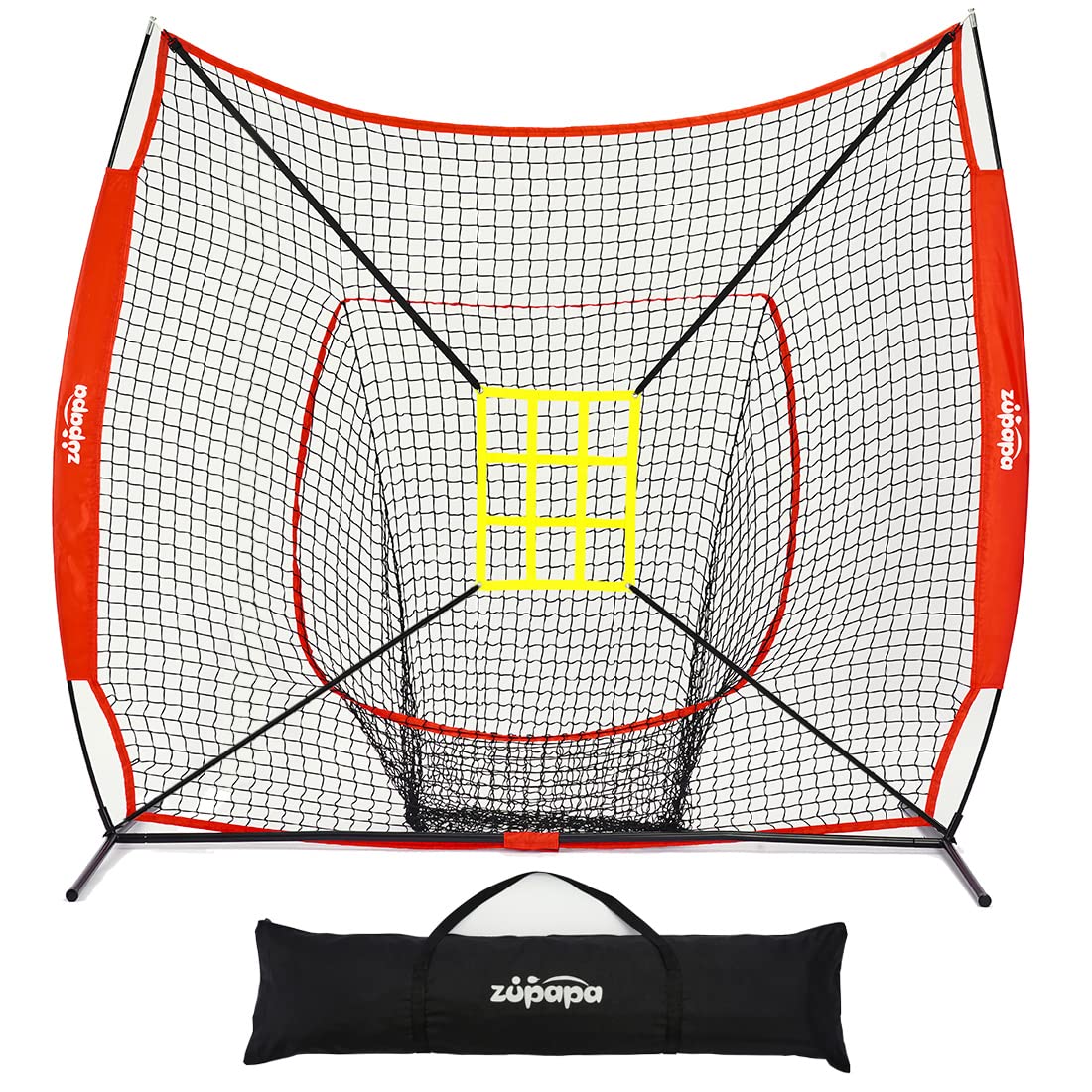 Zupapa 7x7 Feet Baseball & Softball Practice Net with Tee, Strike Zone, 12 Baseballs & Caddy - Backstop Training Set for Batting, Hitting, Pitching & Catching - Perfect for Backyard, Field & Team Drills