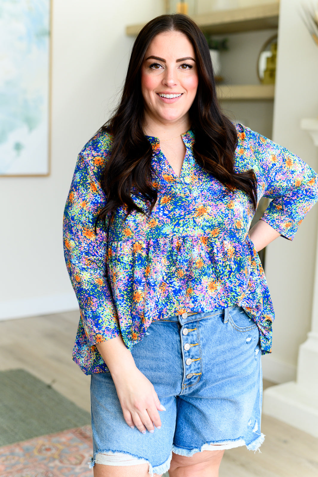 Lizzy Babydoll Top in Royal Multi Fireworks - Stylish Women's Fashion Blouse for Parties, Date Nights & Special Occasions