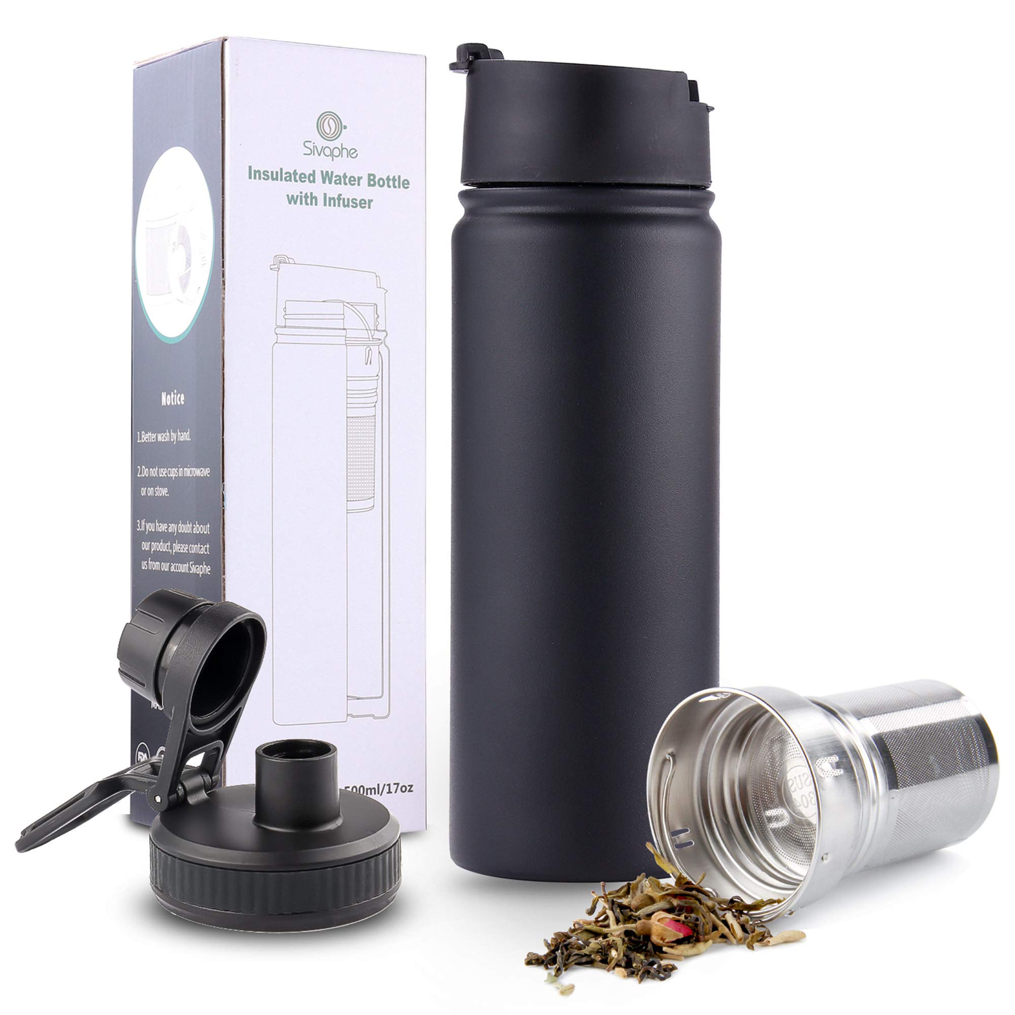 Premium Stainless Steel Tea Infuser Bottle - 18/8 Insulated Travel Tumbler with Removable Loose Leaf Strainer | Perfect for Office, Gym & Outdoor Activities | Black