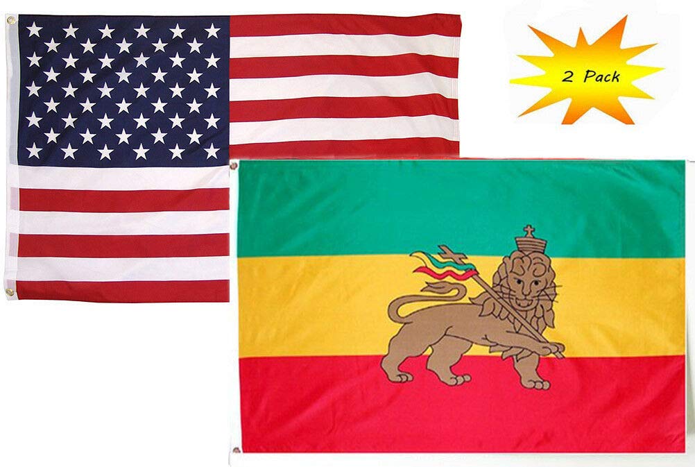 Premium 3x5 ft USA American Flag & Lion of Judah Ethiopia Flag Set (2 Pack) - Heavy Duty Polyester, Double Stitched, Brass Grommets - Perfect for Outdoor Decor, International Events, Patriotic Displays & Cultural Celebrations