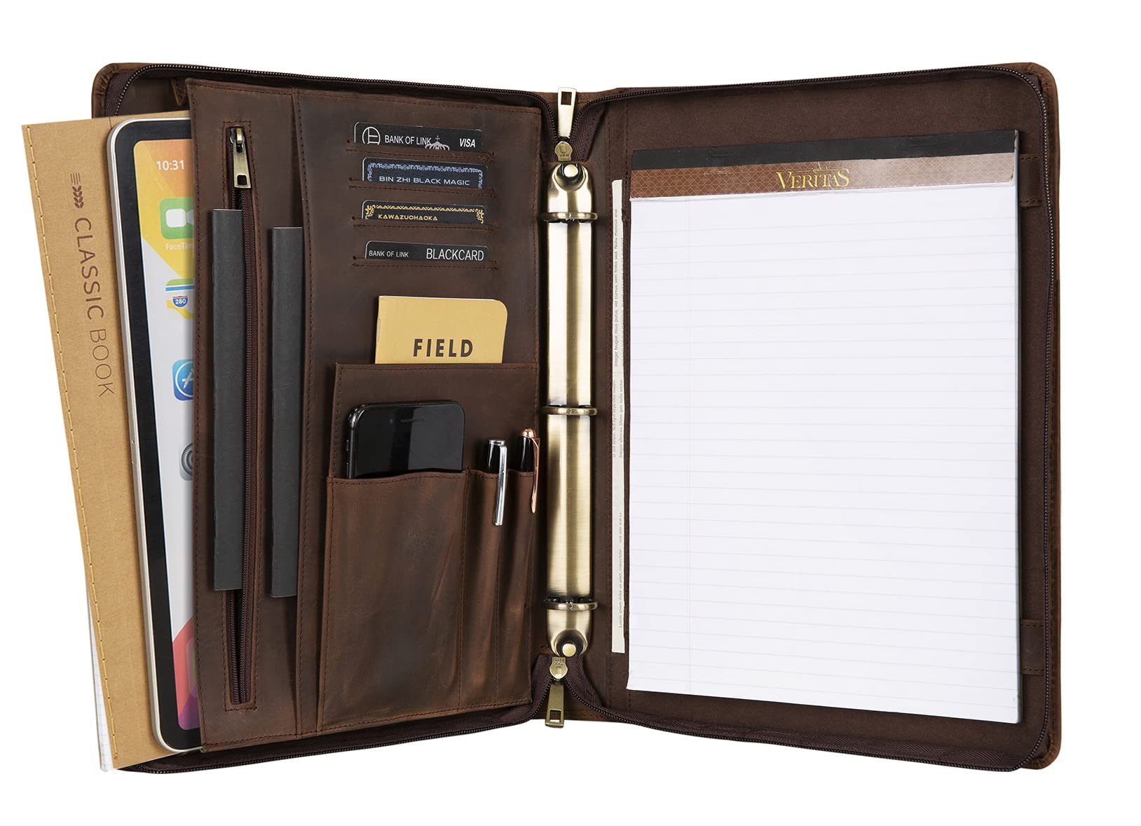 Premium Leather Portfolio Binder - 3 Ring Organizer with Zipper for iPad & Laptop | Professional Padfolio for Men | Business Document Holder | Perfect for Office, Meetings & Job Interviews (Dark Khaki)