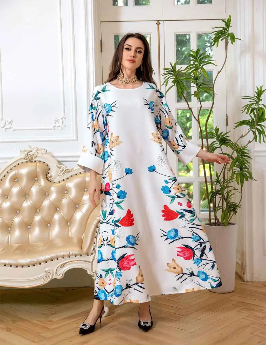 Elegant Eid Dress for Women - Arab Printed Kaftan Caftan Abaya Dress with Long Sleeves - Perfect for Eid Celebrations, Weddings & Special Occasions