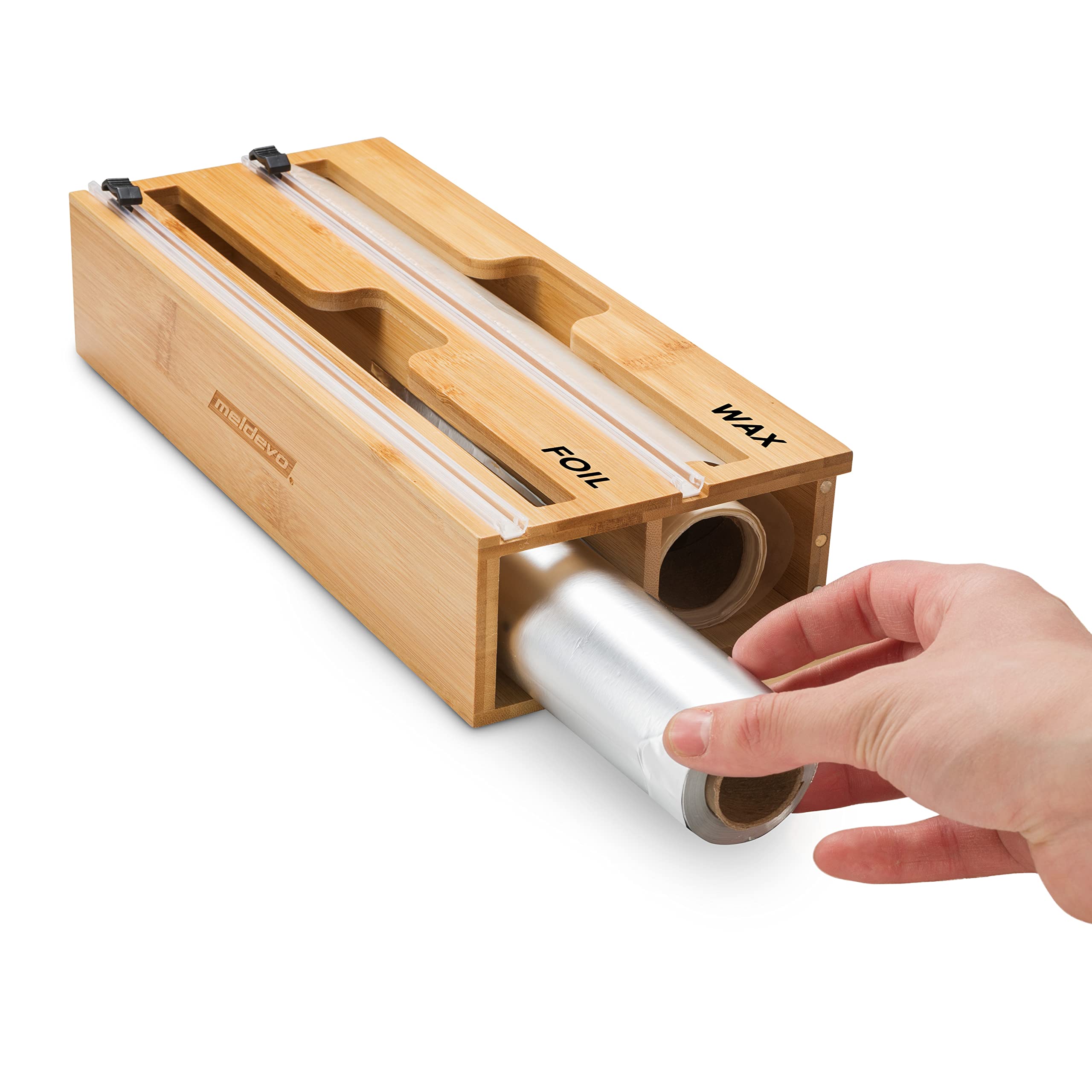 2 in 1 Bamboo Wrap Dispenser with Built-in Cutter & Labels - Kitchen Drawer Organizer for Plastic Wrap, Aluminum Foil & Wax Paper Rolls (Fits 12