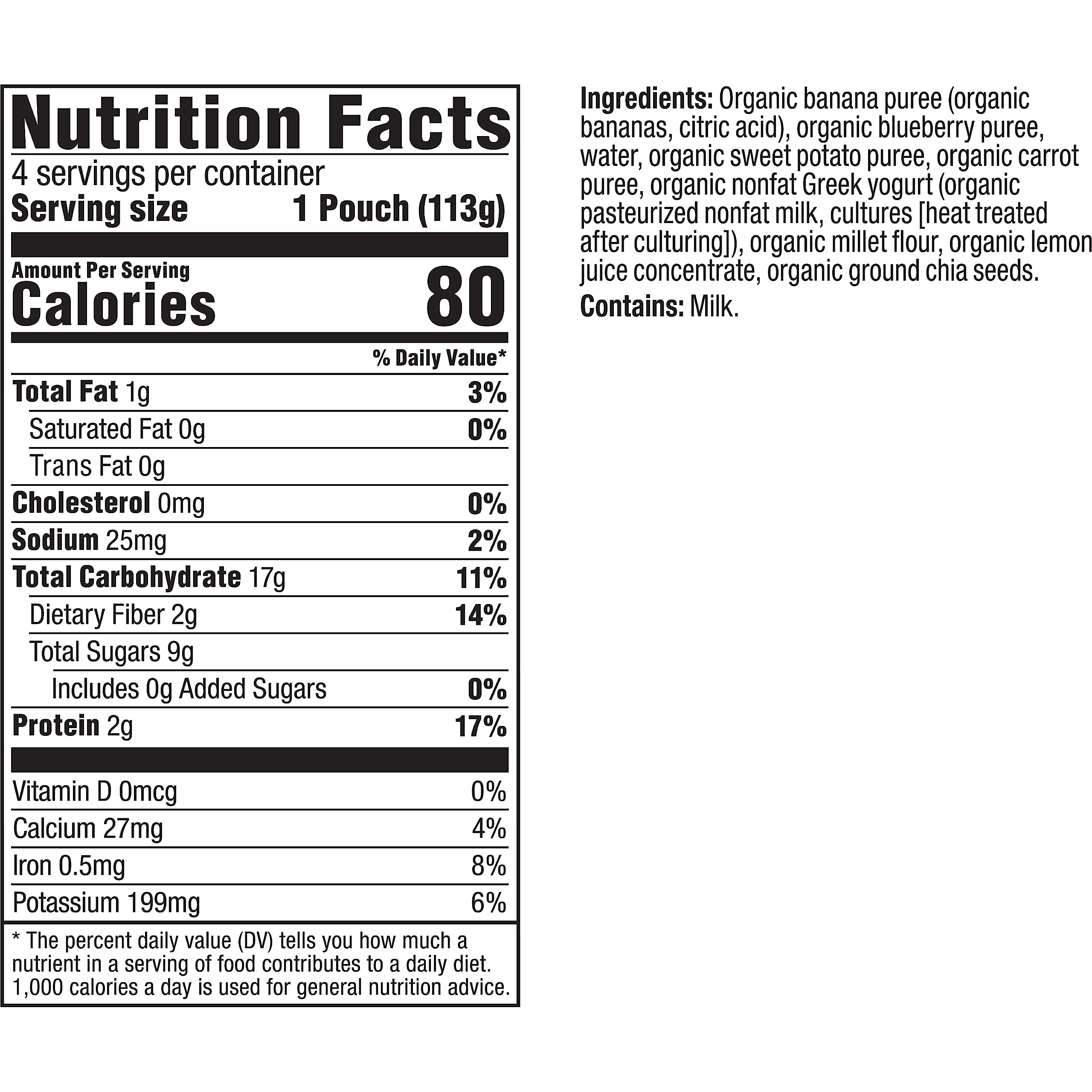 Organic Plum Mighty 4 Toddler Food Pouch - Banana, Blueberry, Sweet Potato & Carrot with Greek Yogurt & Millet - 4oz USDA Certified Baby Food - Perfect for On-the-Go Snacks, Daycare Lunches & Healthy Toddler Meals