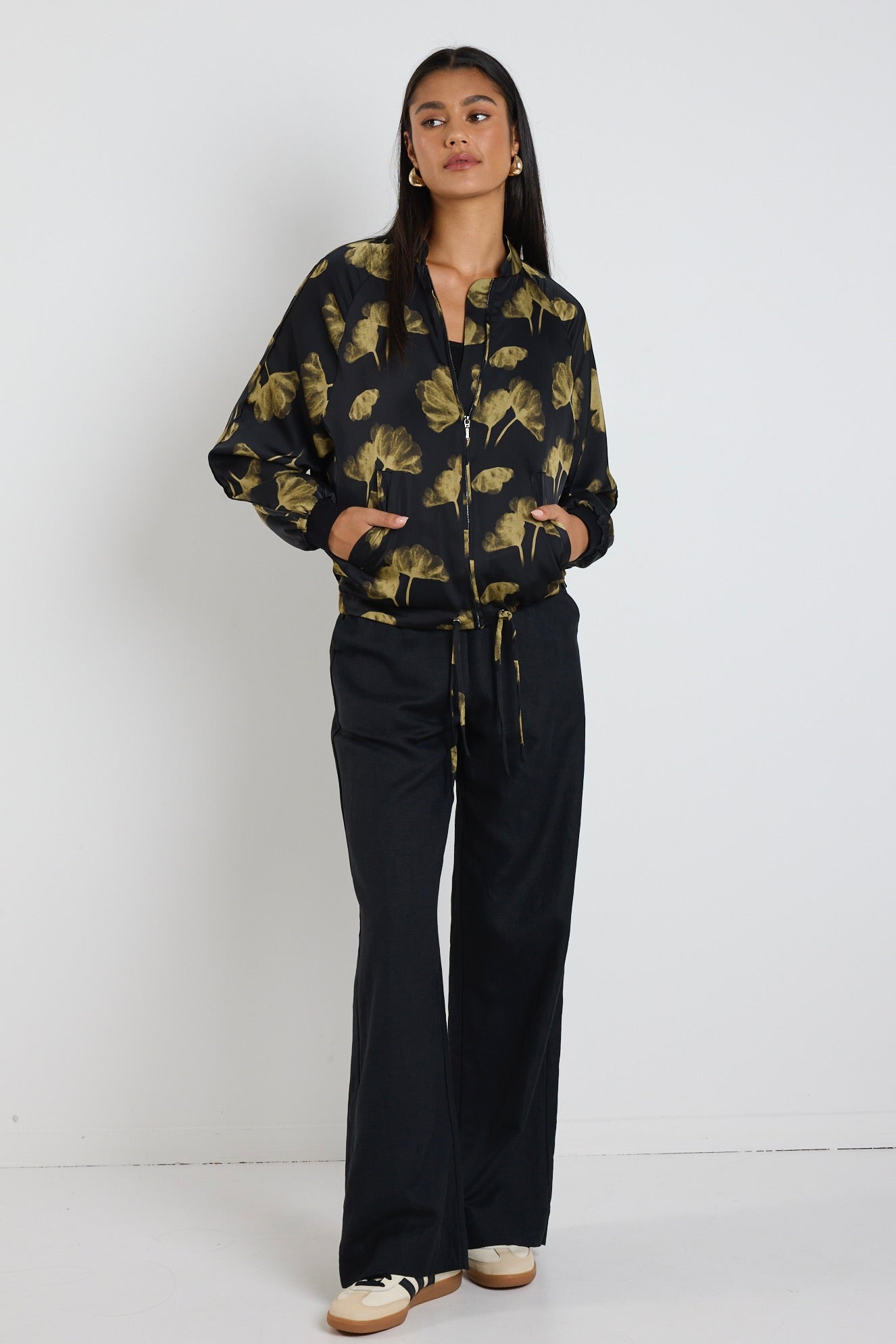 Aspire Black Khaki Floral Satin Bomber Jacket for Women - Stylish Lightweight Spring Outerwear for Casual Wear & Night Out