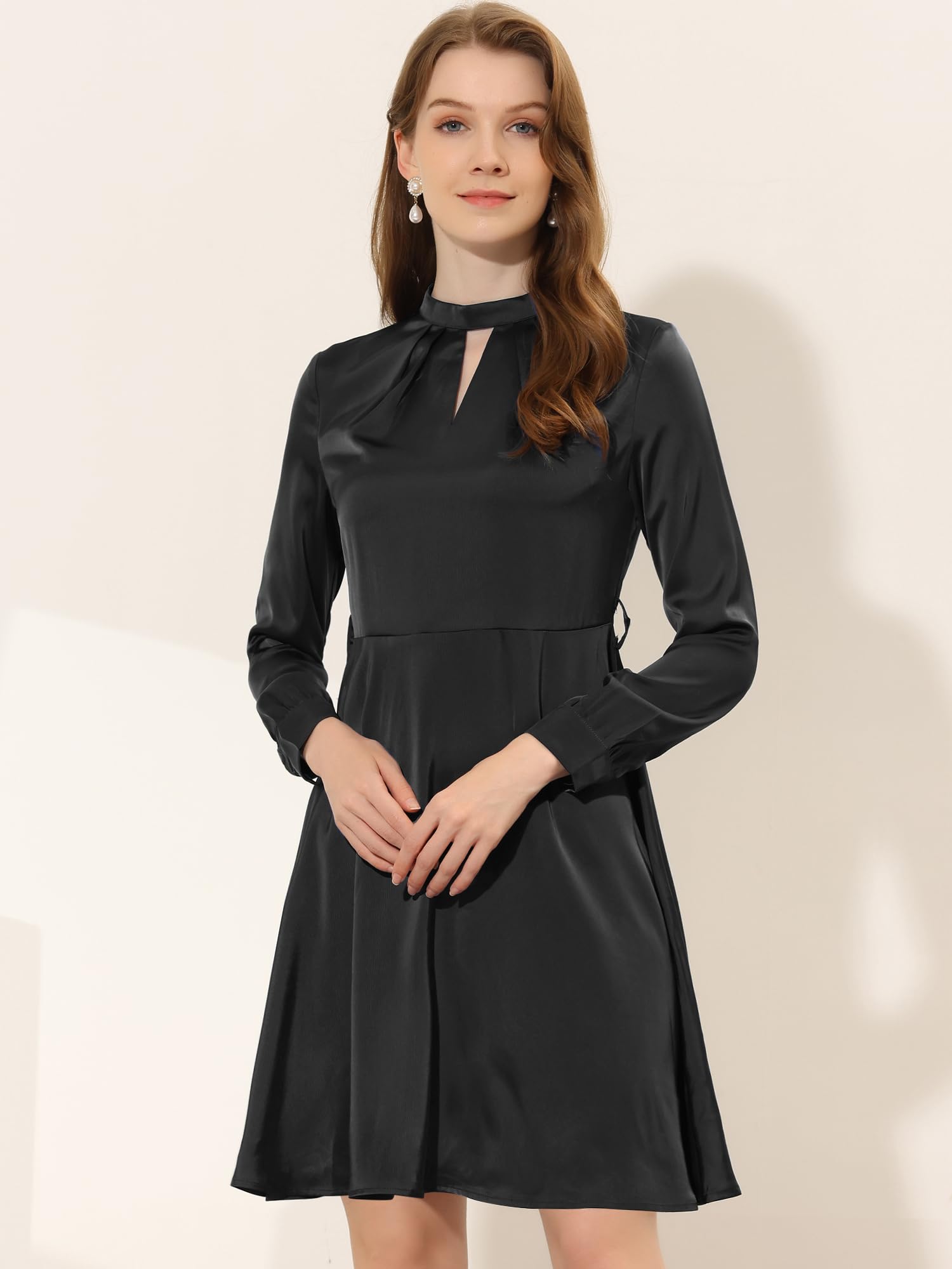 Allegra K Women's Elegant Satin A-Line Dress with Keyhole Tie Waist - Perfect for Work, Office, and Formal Occasions