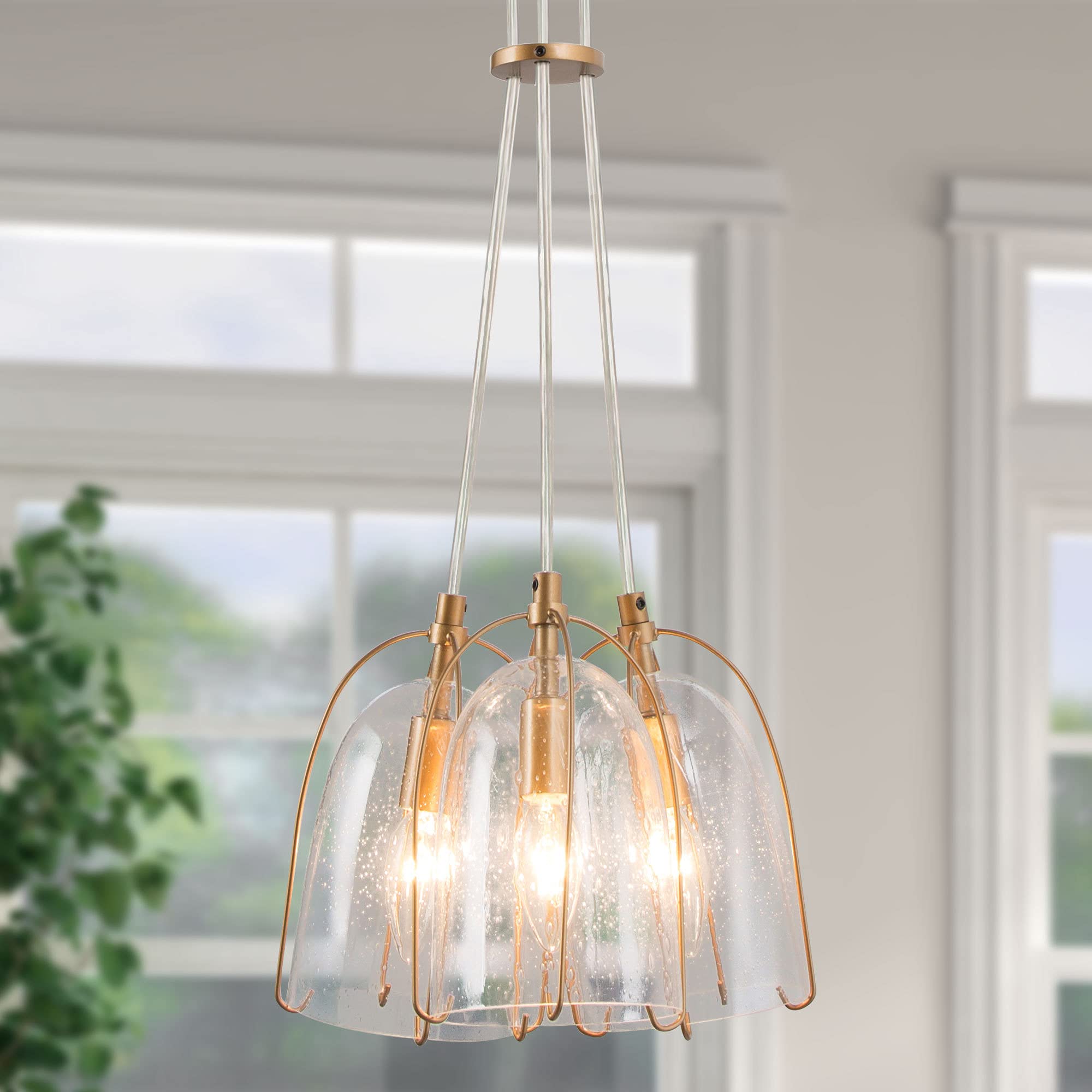 Modern Gold Chandelier - 3-Light Pendant Lighting Fixture with Seeded Glass Shades for Dining Room, Kitchen Island, Bedroom & Living Room | Elegant Ceiling Hanging Light for Home Decor & Interior Design