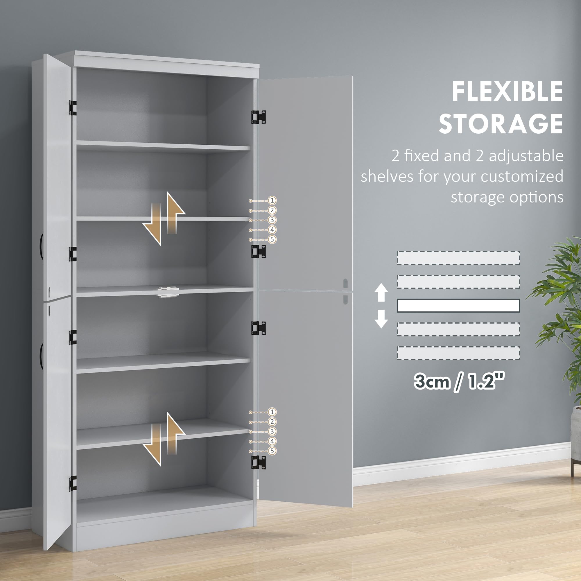 HOMCOM 70 Inch Freestanding Kitchen Pantry Cabinet with 4 Doors & 2 Adjustable Shelves, Large Storage Cabinet for Dining Room, Living Room, or Office - Modern Gray Finish | Perfect for Organizing Food, Dishes, and Household Items