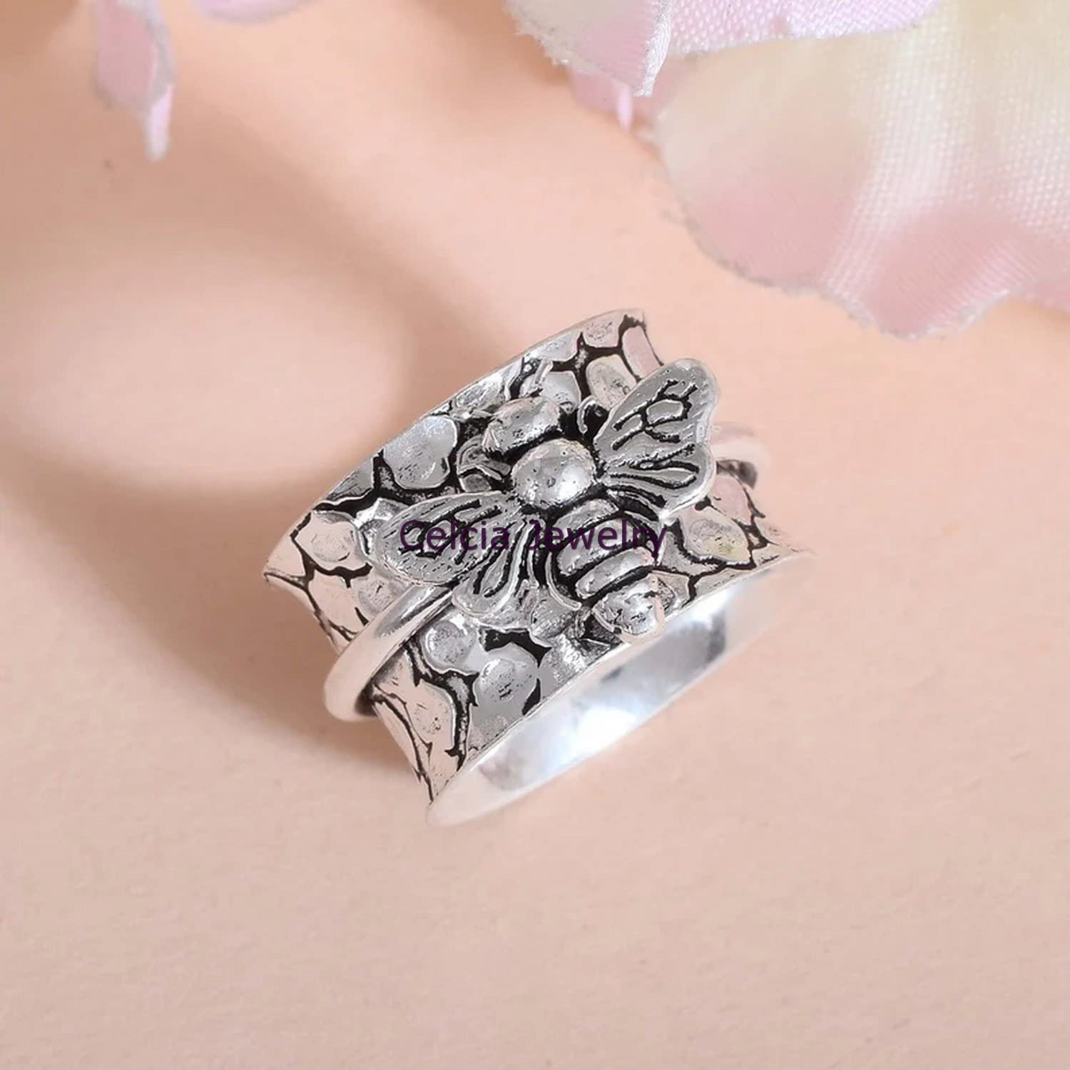 925 Sterling Silver Honey Bee Spinner Ring - Anxiety Relief & Meditation Fidget Ring for Stress Relief - US Size 7 - Perfect for Office, Travel & Daily Wear