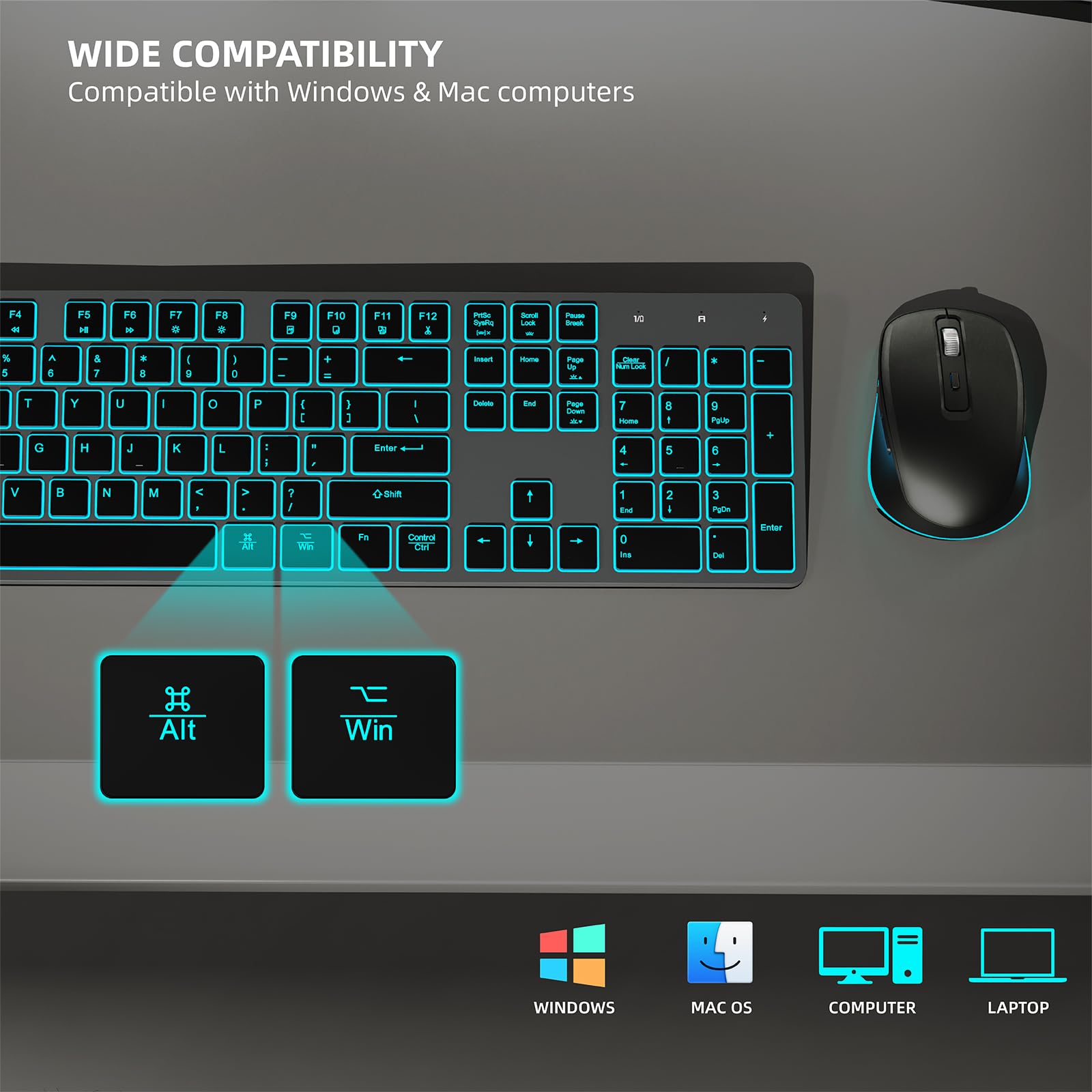 RGB Backlit Wireless Keyboard and Mouse Combo - Slim, Quiet, Rechargeable with Jiggler Mouse & Adjustable Tilt - 2.4GHz Silent Keyboard Mouse for Mac, Windows PC, Laptop, Desktop (Space Gray) - Perfect for Office Work, Gaming, and Home Computing