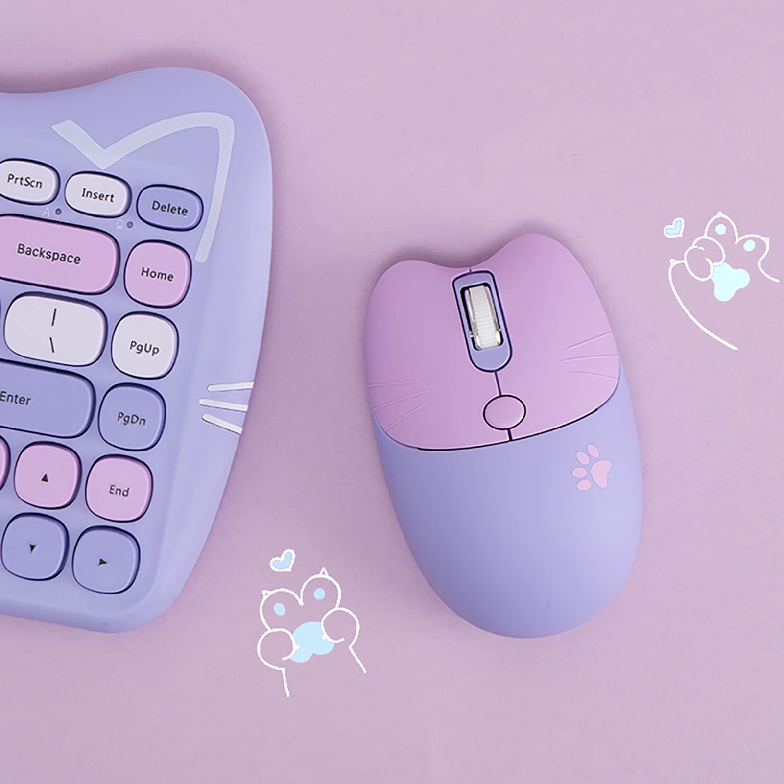 Cute Cat 2.4G USB Wireless Keyboard and Mouse Combo - Silent Keys, Ergonomic Design, Candy Colors (Purple-84Keys) - Compatible with Windows/Mac PC, Laptop - Perfect for Home Office, Gaming & Typing
