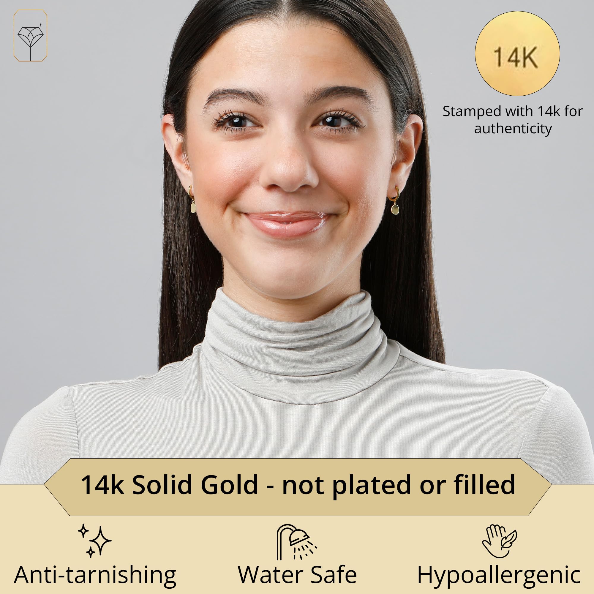 14K Yellow Gold Small Huggie Hoop Earrings for Women - 10mm Round Plate Dangle Earrings | Minimalist Everyday Jewelry for Work, Date Night & Special Occasions