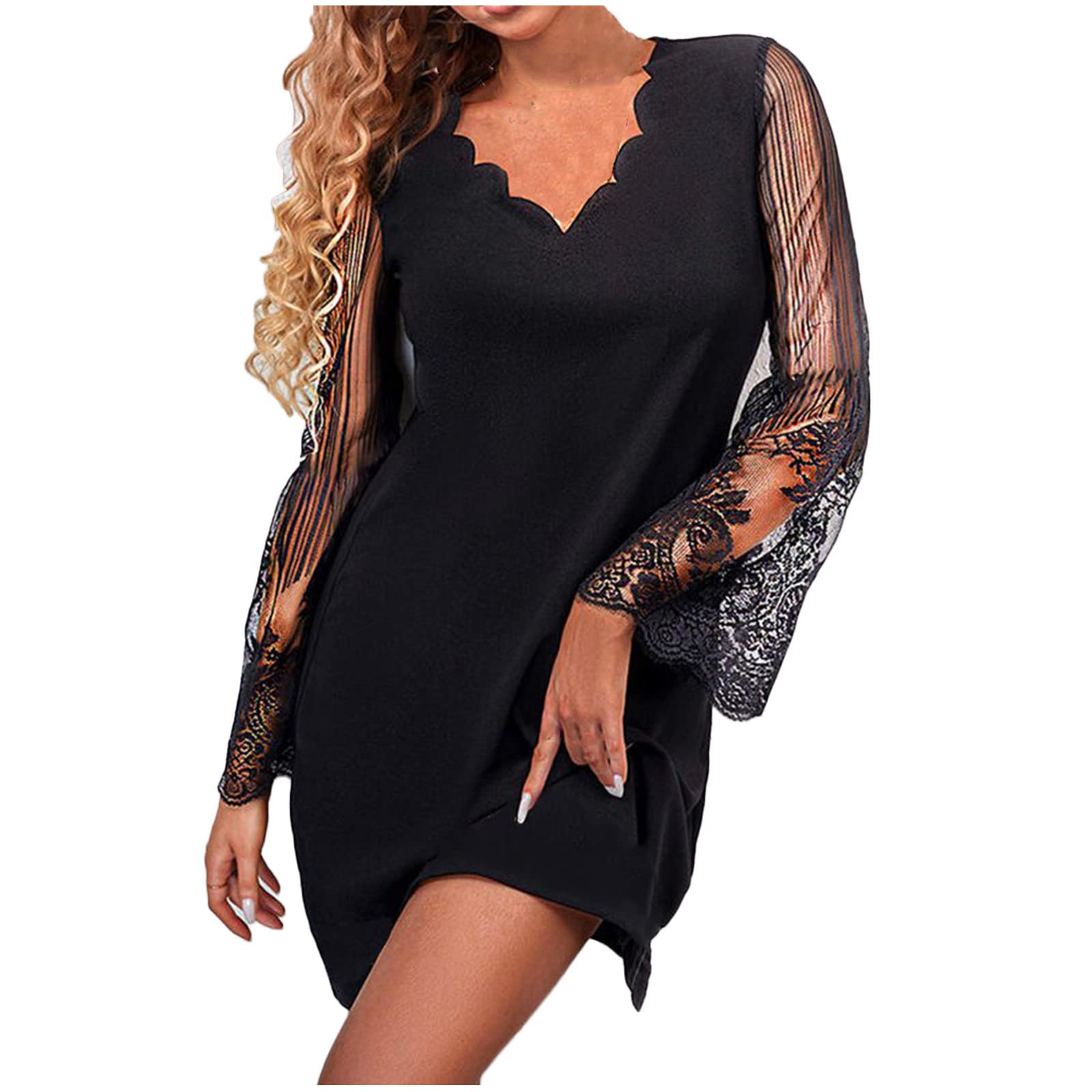 Sexy Long Sleeve Lace Trim Bodycon Mini Black Dress for Women - Elegant Party Clubwear, Perfect for Night Out, Date Night & Special Occasions