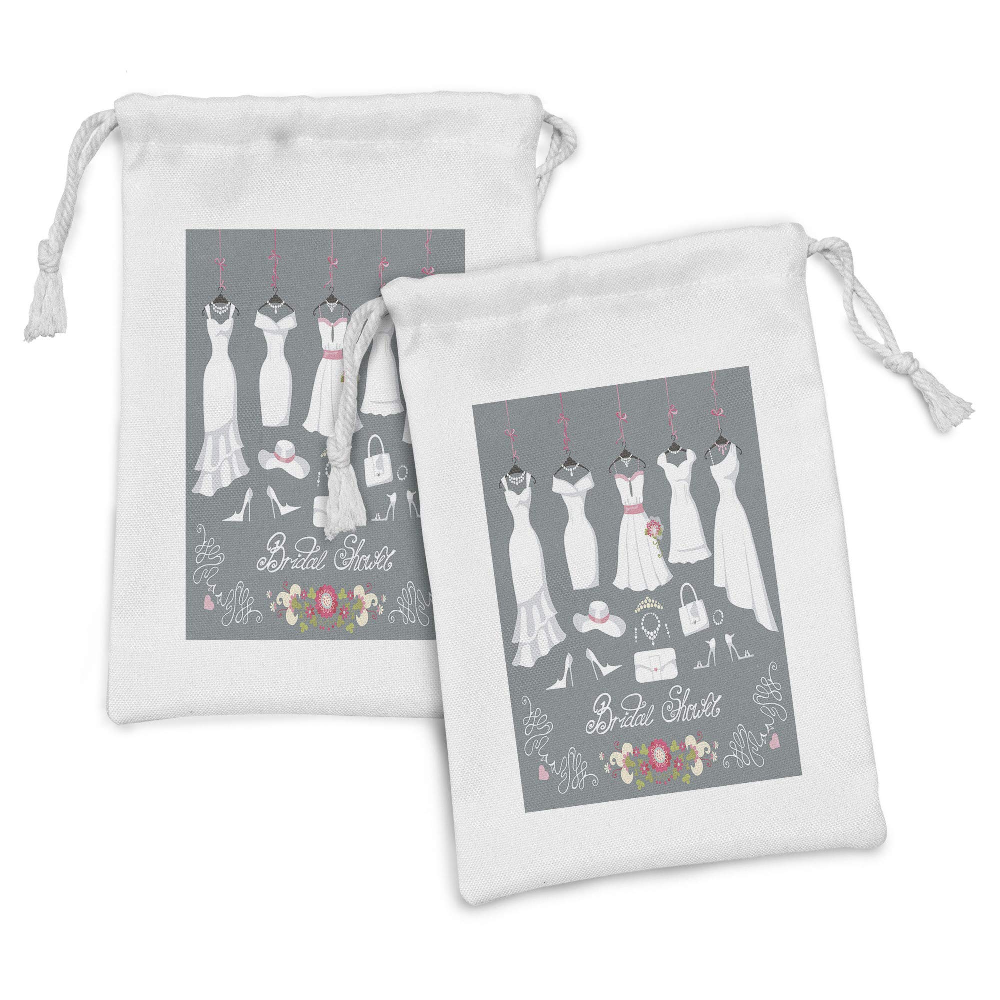 Ambesonne 2-Piece Bridal Shower Fabric Pouch Set - White Wedding Dress & Floral Print Drawstring Bags for Toiletries, Masks, Wedding Favors (9