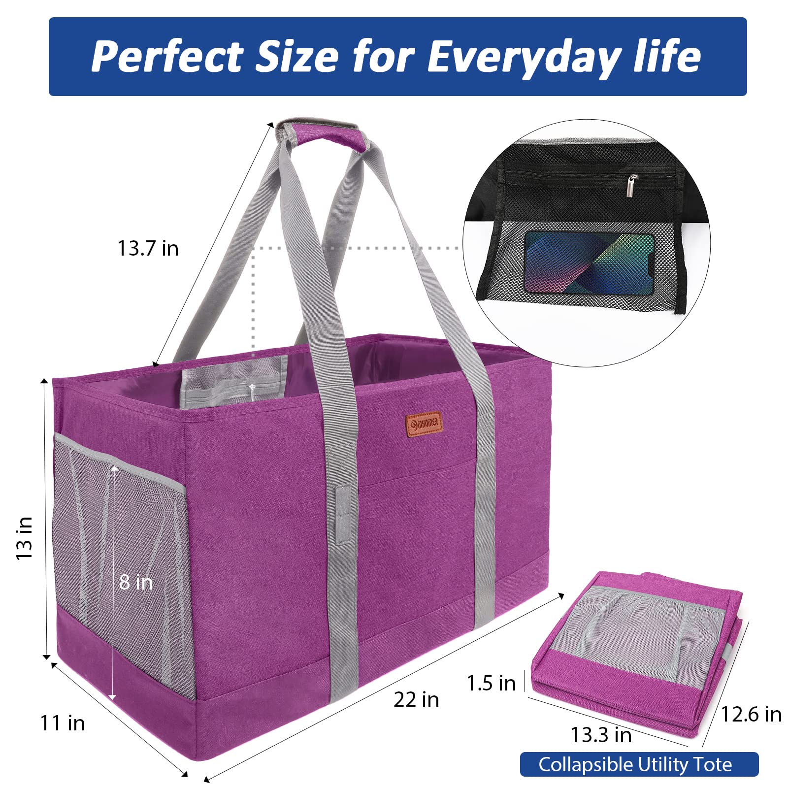 MHOMER Reusable Grocery Bags - Extra Large Waterproof Tote with Reinforced Bottom & Durable Oxford Fabric - Foldable Shopping Bags for Storage Space Saving (Red) - Perfect for Groceries, Beach Trips & Eco-Friendly Shopping