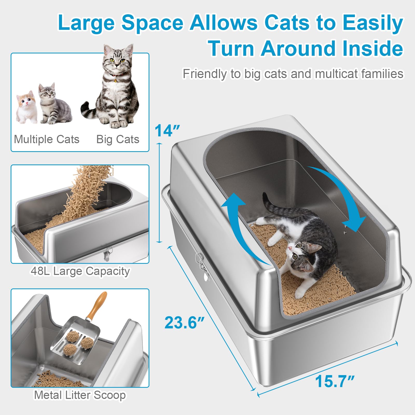 Premium Stainless Steel Cat Litter Box with Lid & Scoop - Extra Large Metal Litter Pan for Big Cats - High Sided Enclosure with Anti-Leak Design - Odor Control, Non-Stick Surface, Easy to Clean - Perfect for Multi-Cat Homes & Large Breeds