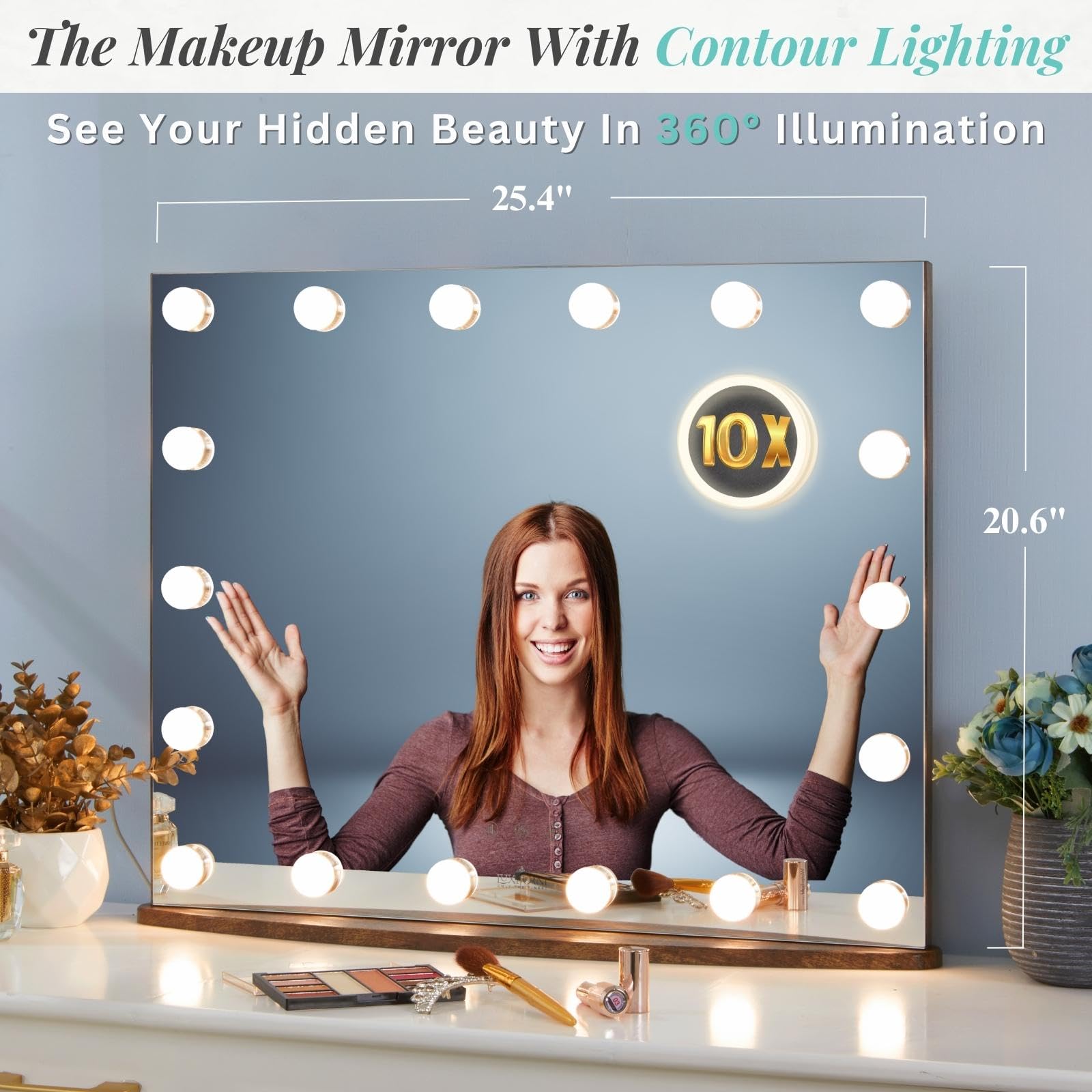 LUXFURNI Hollywood Vanity Mirror with 18 LED Lights - Large Lighted Makeup Mirror for Tabletop or Wall Mount, Rustic Brown (26