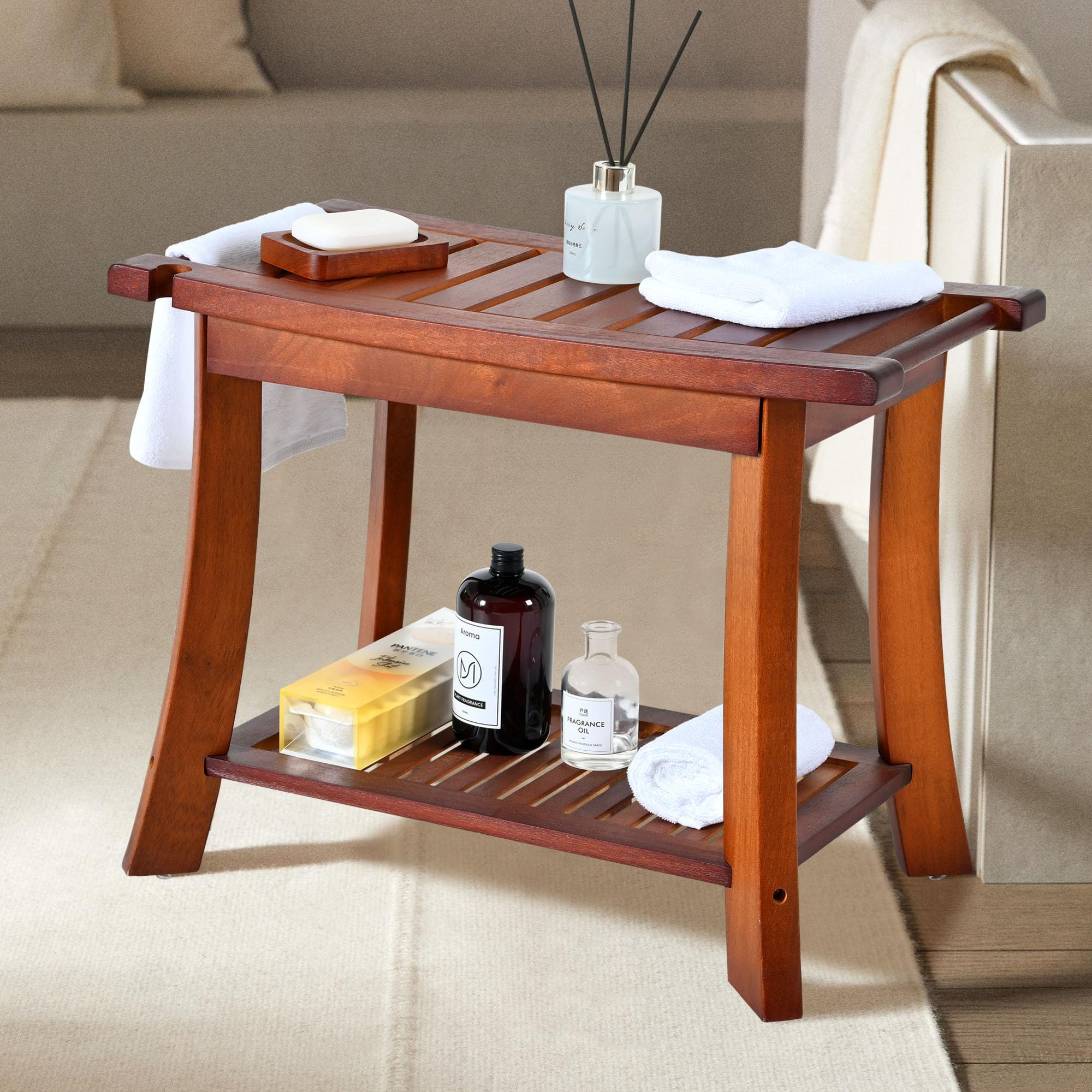 Teak Shower Chair Stool - 24 Inch Wooden Shower Bench Seat with Storage Shelf for Adults, Elderly & Disabled - Non-Slip Bathroom Stool for Indoor & Outdoor Use - Perfect for Spa, Bathroom Safety & Relaxation