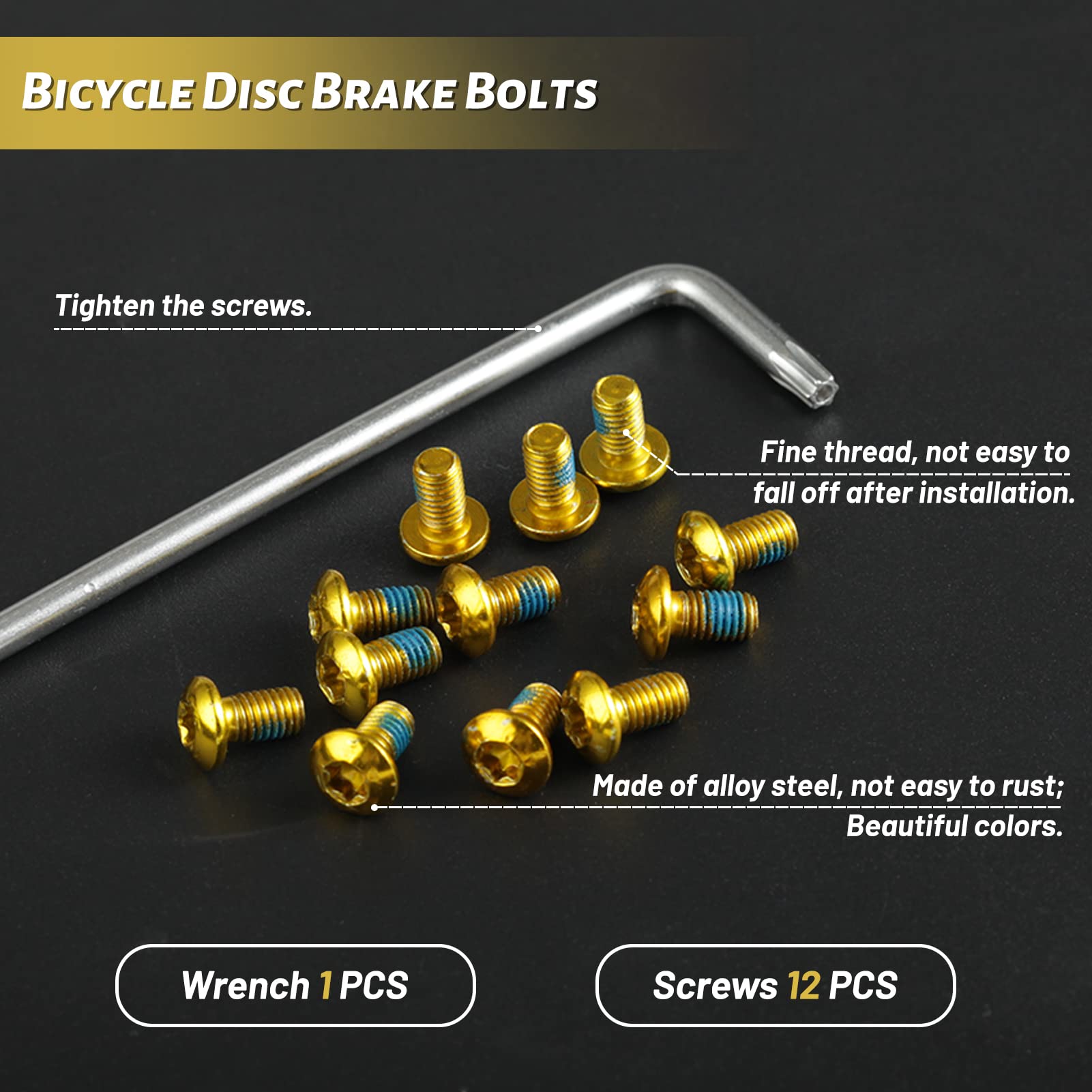 12 Pcs Gold M5x10mm Bicycle Disc Brake Bolts with T25 Torx Wrench - MTB Rotor Screws for Road & Mountain Bikes - Perfect for Brake Maintenance & Upgrades