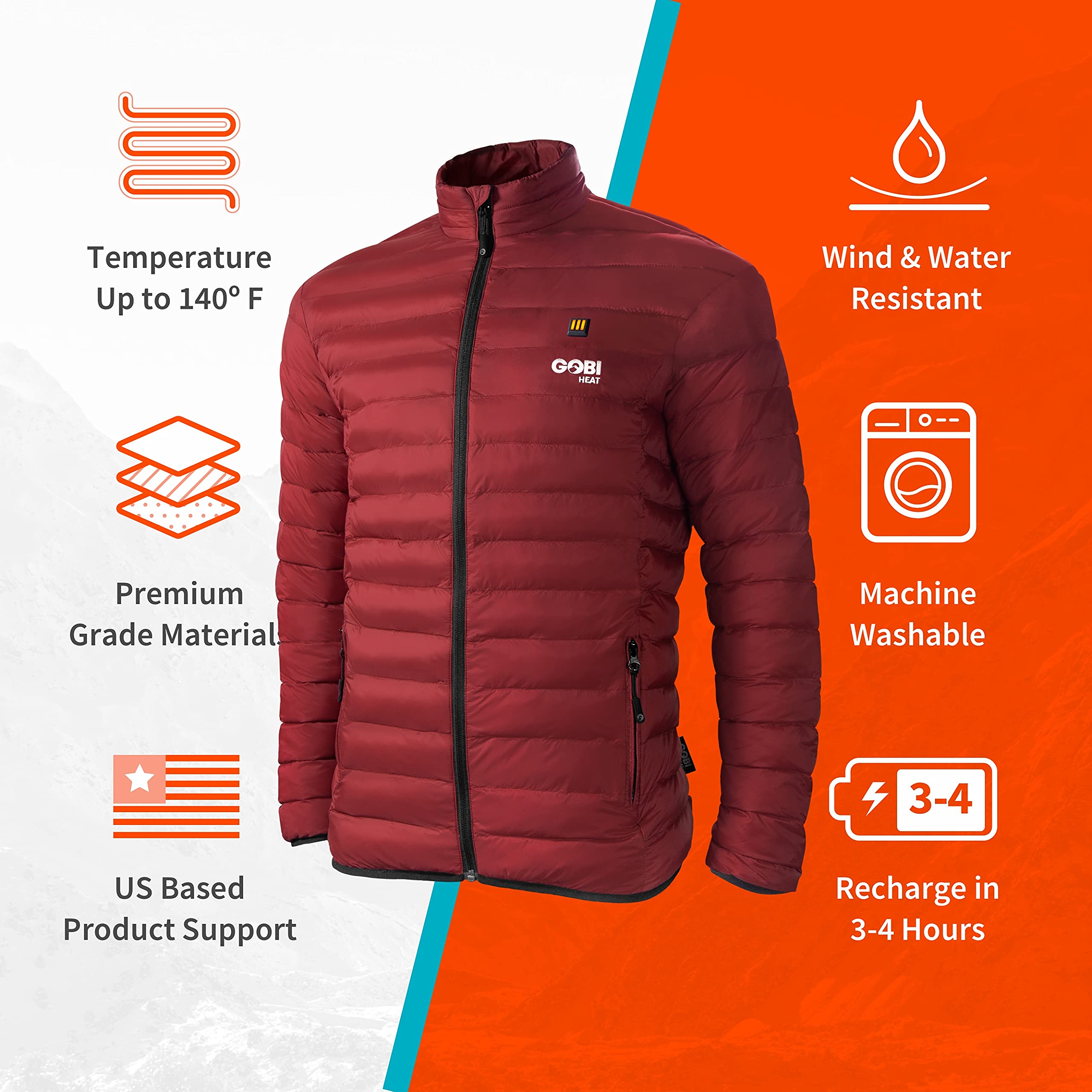 Wolf Men's Puffer Heated Jacket with 10-Hour Heating - Rechargeable Battery & Charger Included | Winter Outdoor Activities, Skiing, Hiking, Camping