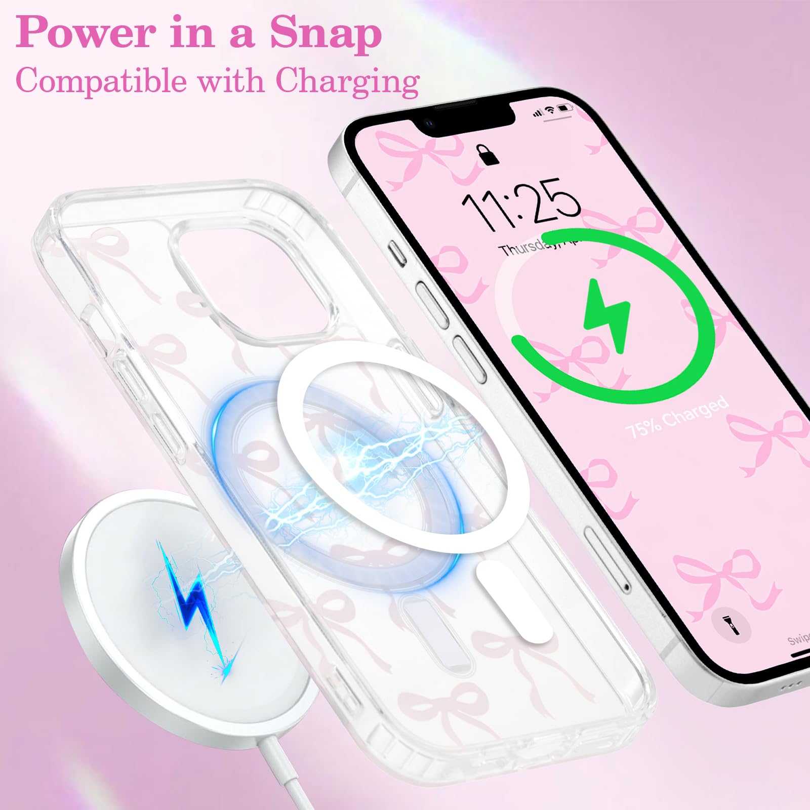 UEEBAI Magnetic Clear iPhone 15 Plus & 14 Plus Case with Bow Design - Slim Shockproof Protective Cover Compatible with MagSafe | Anti-Yellowing Wireless Phone Case for Women | Perfect for Everyday Use, Work & Travel - Pink