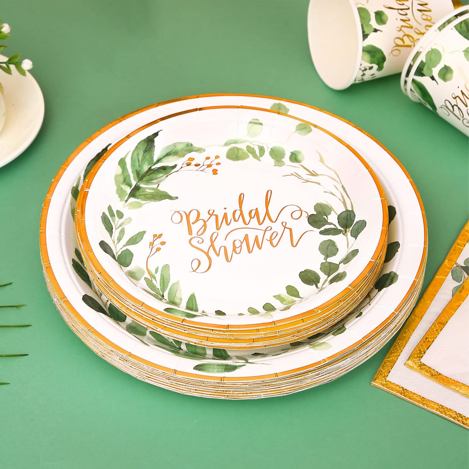 Eco-Friendly 168-Piece Bridal Shower Paper Plates & Napkins Set - Green Wedding Party Decorations for Engagement, Bachelorette & Bridal Showers - Serves 24 Guests - Perfect for Wedding Rehearsal Dinners & Bridal Tea Parties