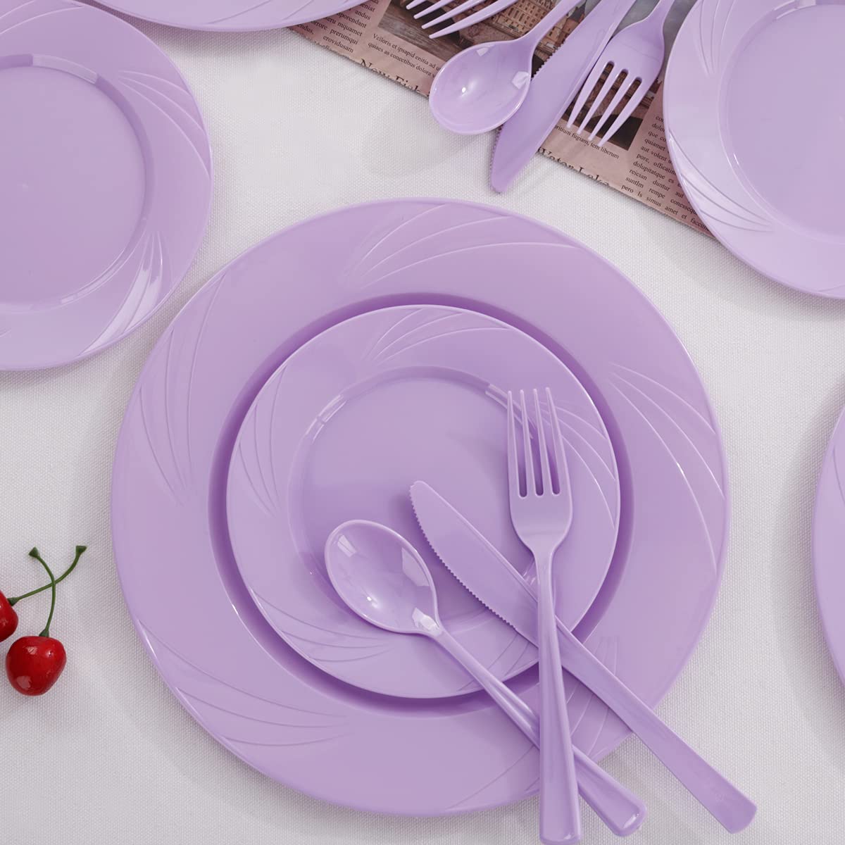 125-Piece Purple Plastic Dinnerware Set - 25 Lavender Plates, 25 Dessert Plates, 25 Forks, 25 Knives, 25 Spoons - Disposable Tableware for Wedding, Birthday Party, Mardi Gras, Picnic & Outdoor Events