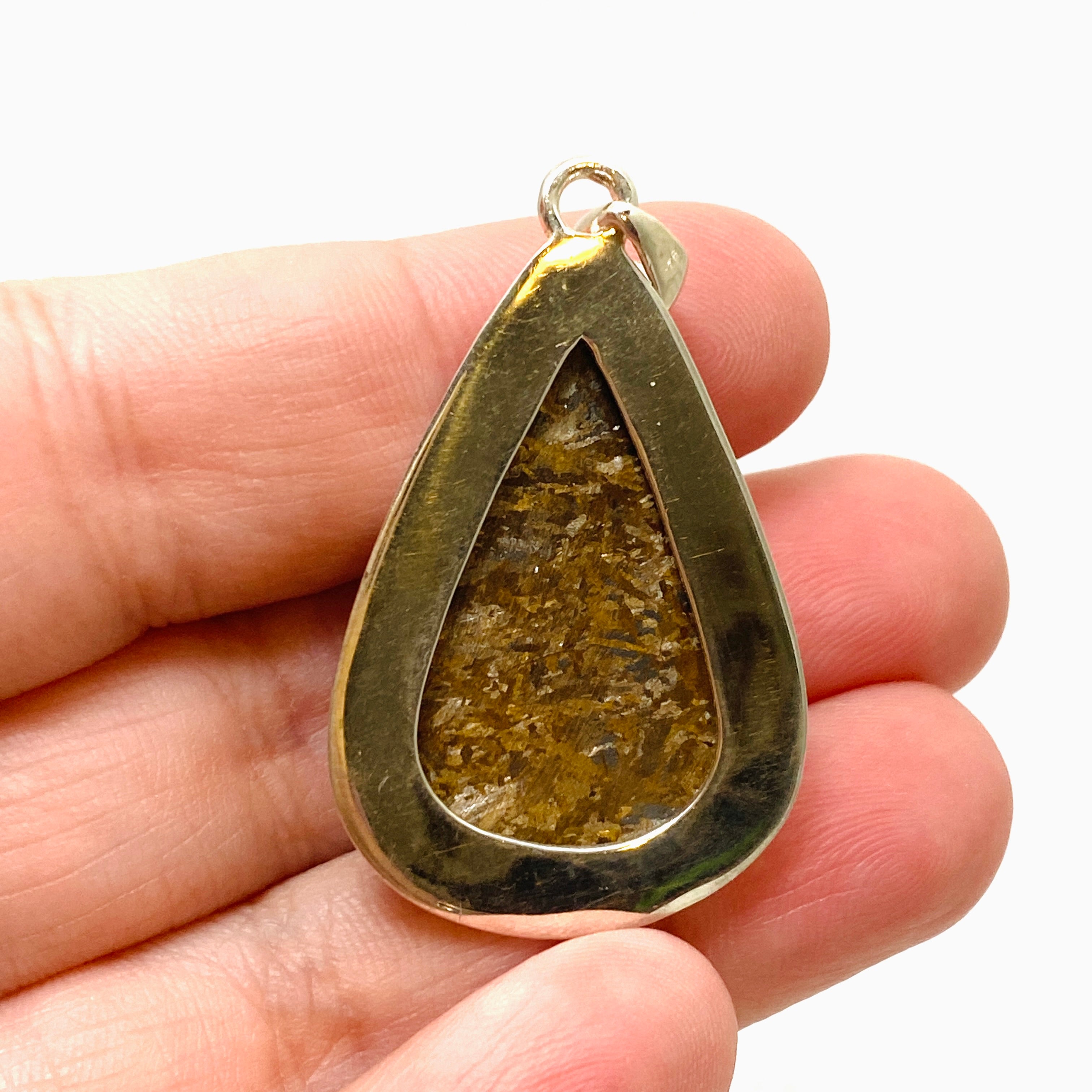 Natural Bronzite Teardrop Cabochon Pendant in Hammered Sterling Silver Setting KPGJ4842 | Healing Crystal Jewelry for Meditation & Energy Balance