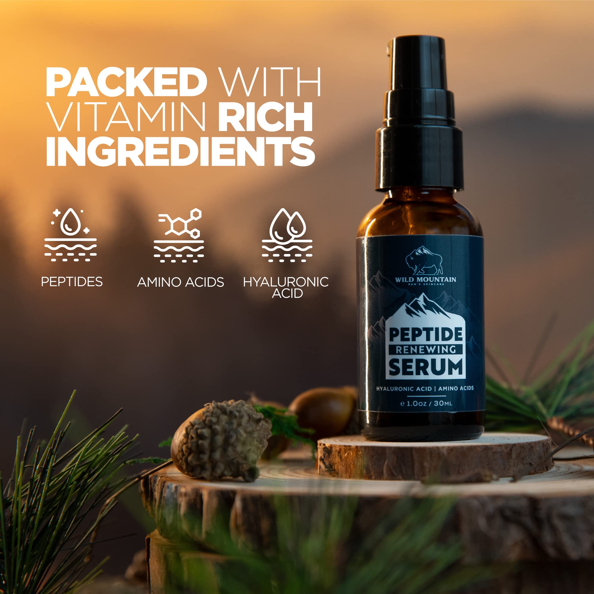 Wild Mountain Peptide Face Serum for Men - Hydrating Hyaluronic Acid & Collagen Boosting Amino Acids Anti-Aging Serum - Skin Brightening Treatment - 1 oz - Perfect for Daily Skincare Routine & Reducing Wrinkles