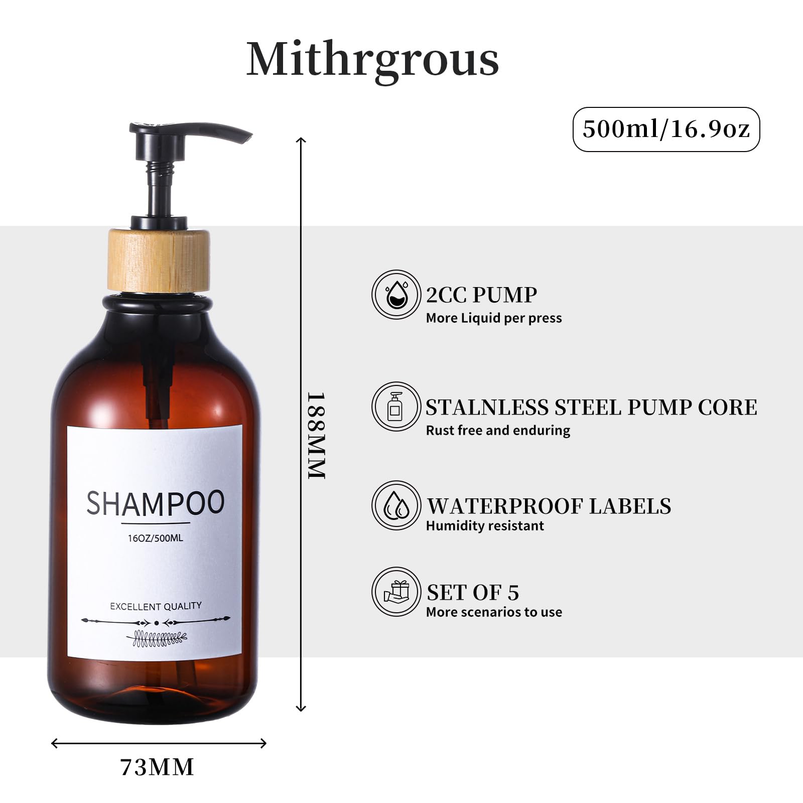 5-Pack Refillable Shampoo & Conditioner Dispenser Set - 16.9oz Amber Pump Bottles for Shower, Travel & Gym - Leakproof Bathroom Organizer for Hair Care Products