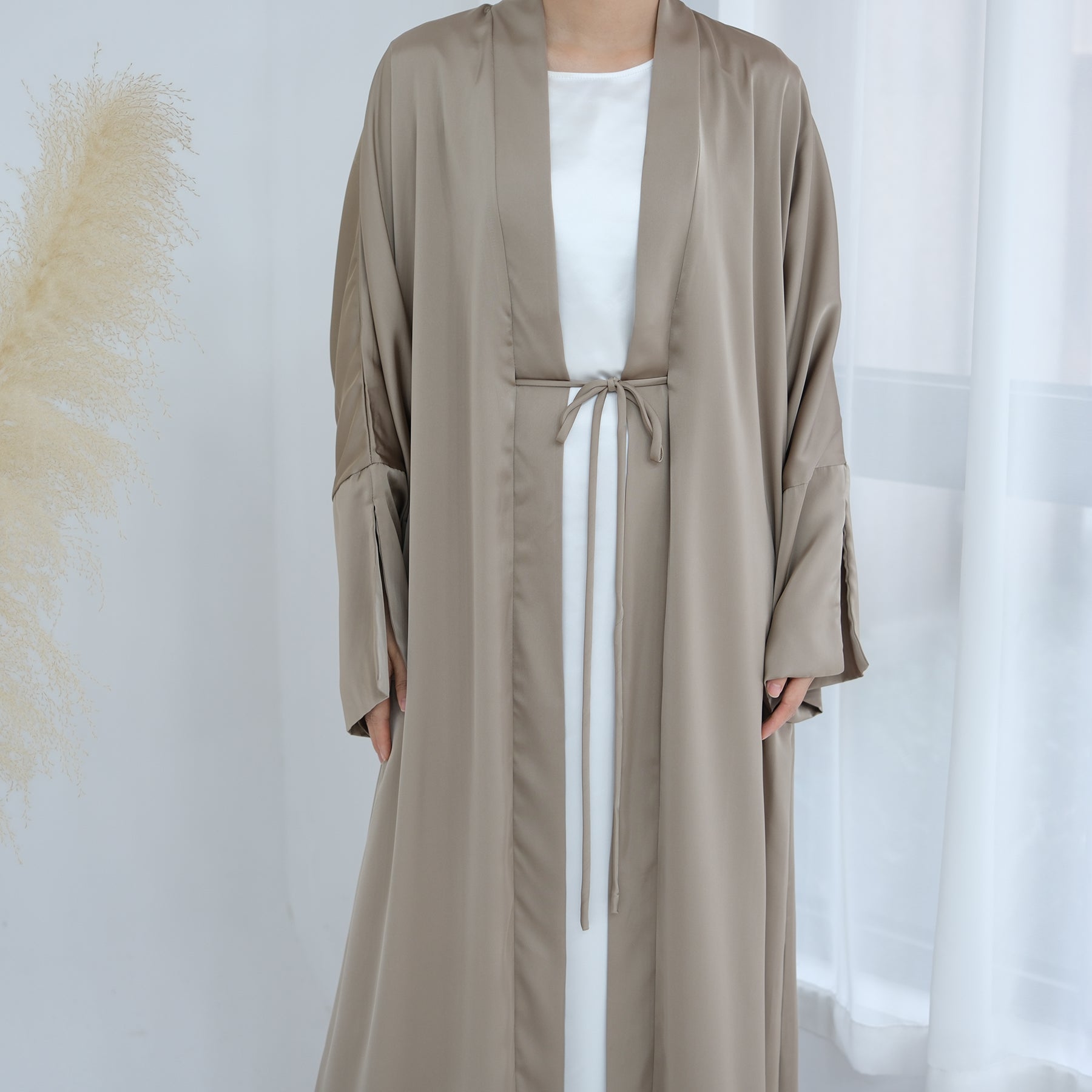 Lavinia Satin Open Abaya Champagne - Elegant Muslim Prayer Dress for Women | Perfect for Eid, Ramadan & Special Occasions